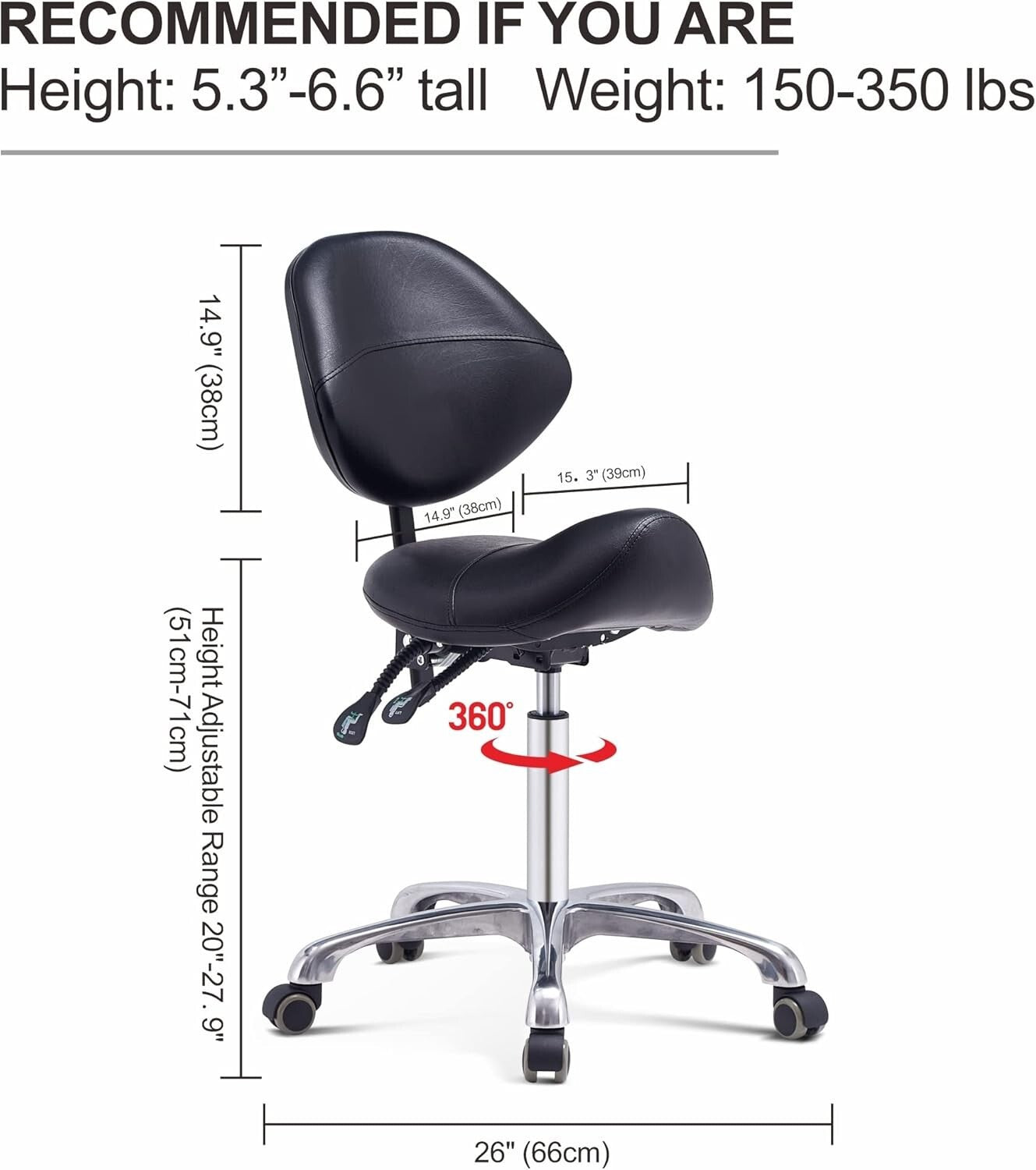 Grace&Grace Professional Saddle Stool Chair with Back Support, Rolling Saddle