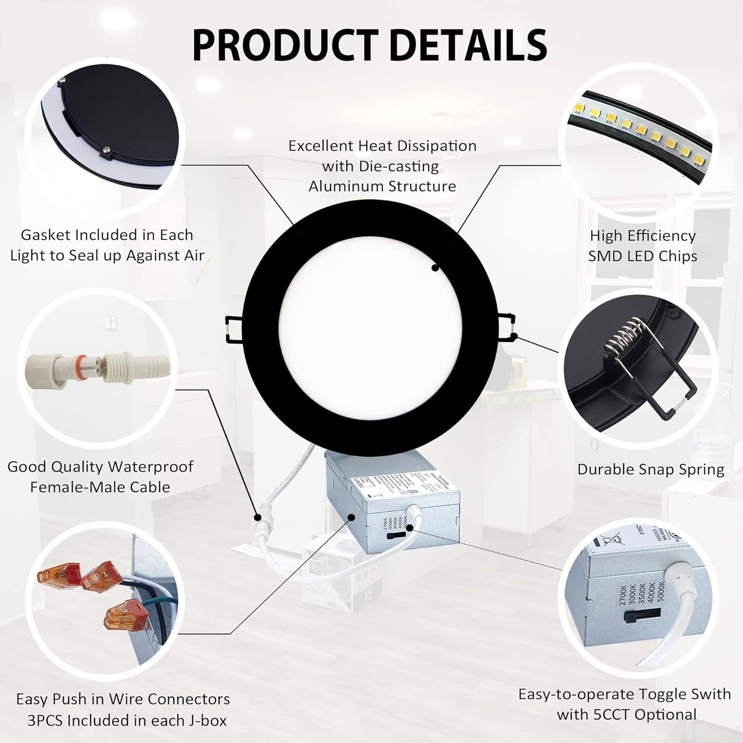 POPANU LED-Canless Downlight Recessed Lighting 6-inch Ultra-Thin 5 CCT 6 Pack