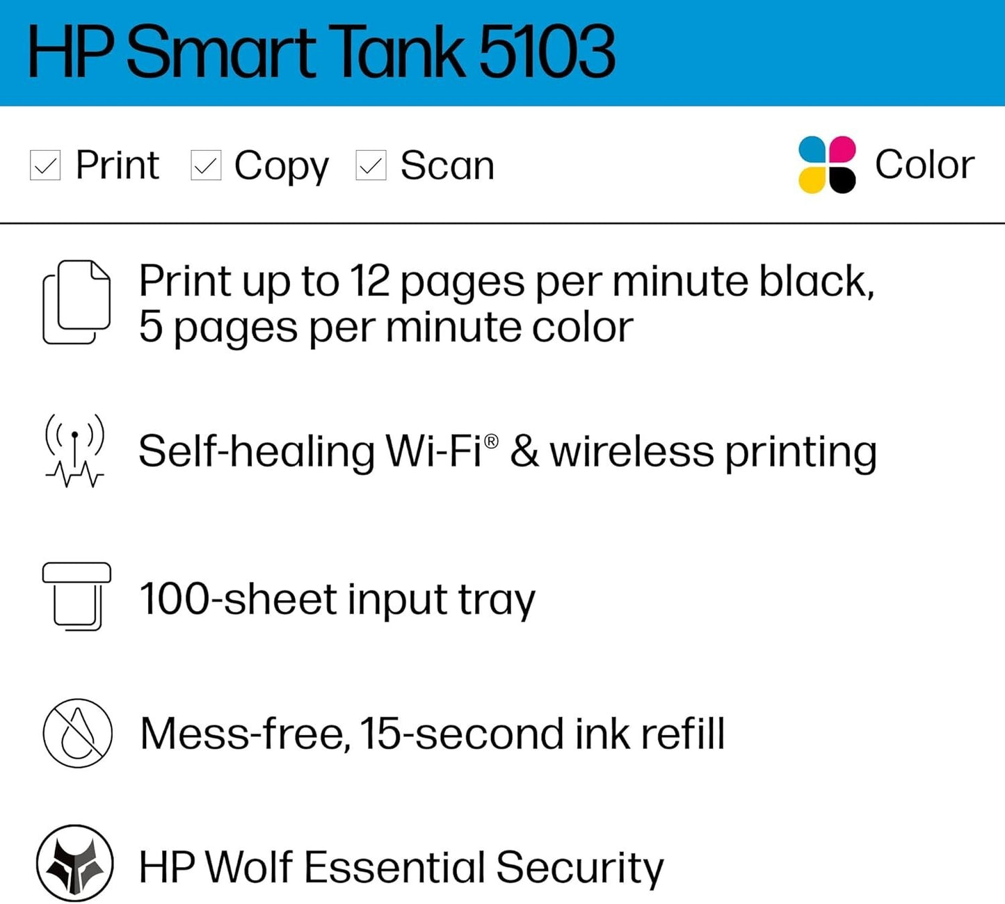 HP Smart Tank 5103 Wireless All-in-One Printer with 2-Year Ink and 100 Sheets