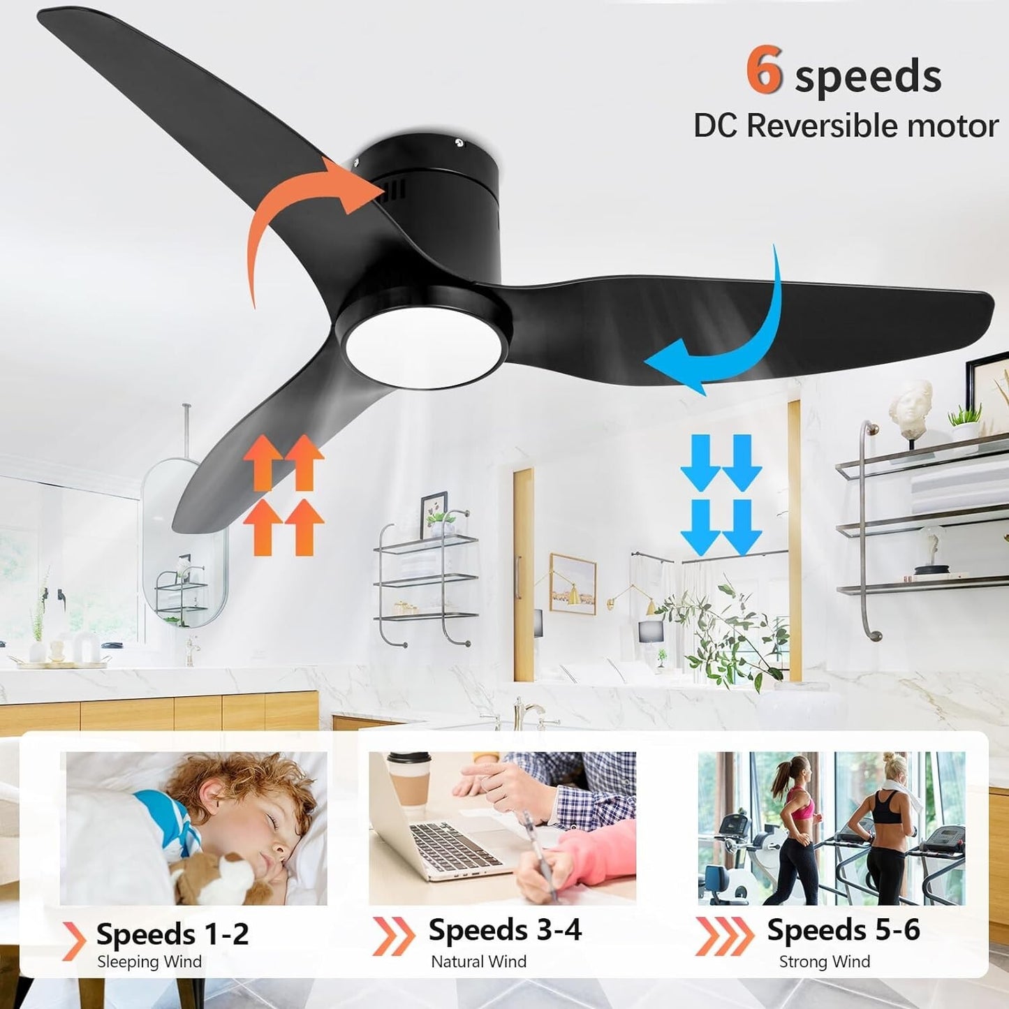 Black Ceiling Fan with Light Remote 52in 6Speed Silent Reversible Motor 3CCT
