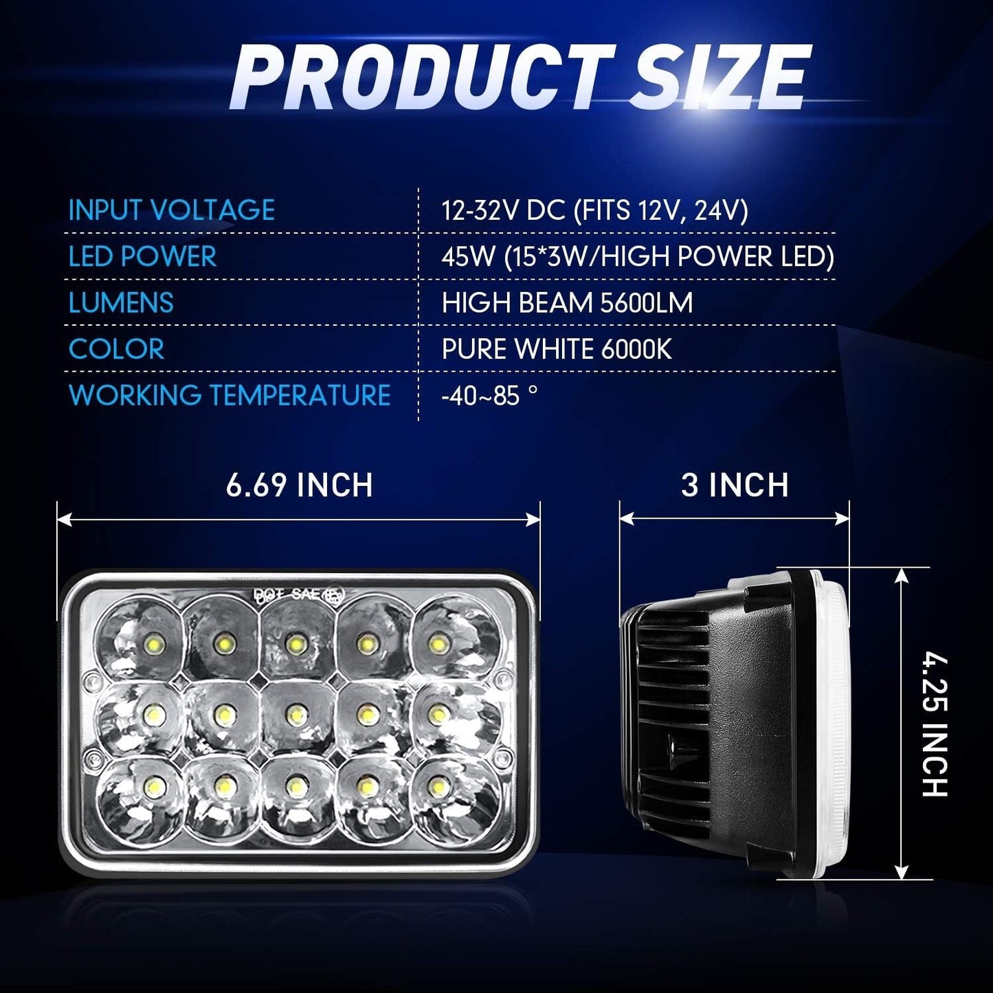 4x6" LED Headlights Rectangular/ H4651 H4652 H4656 H4666 H6545
