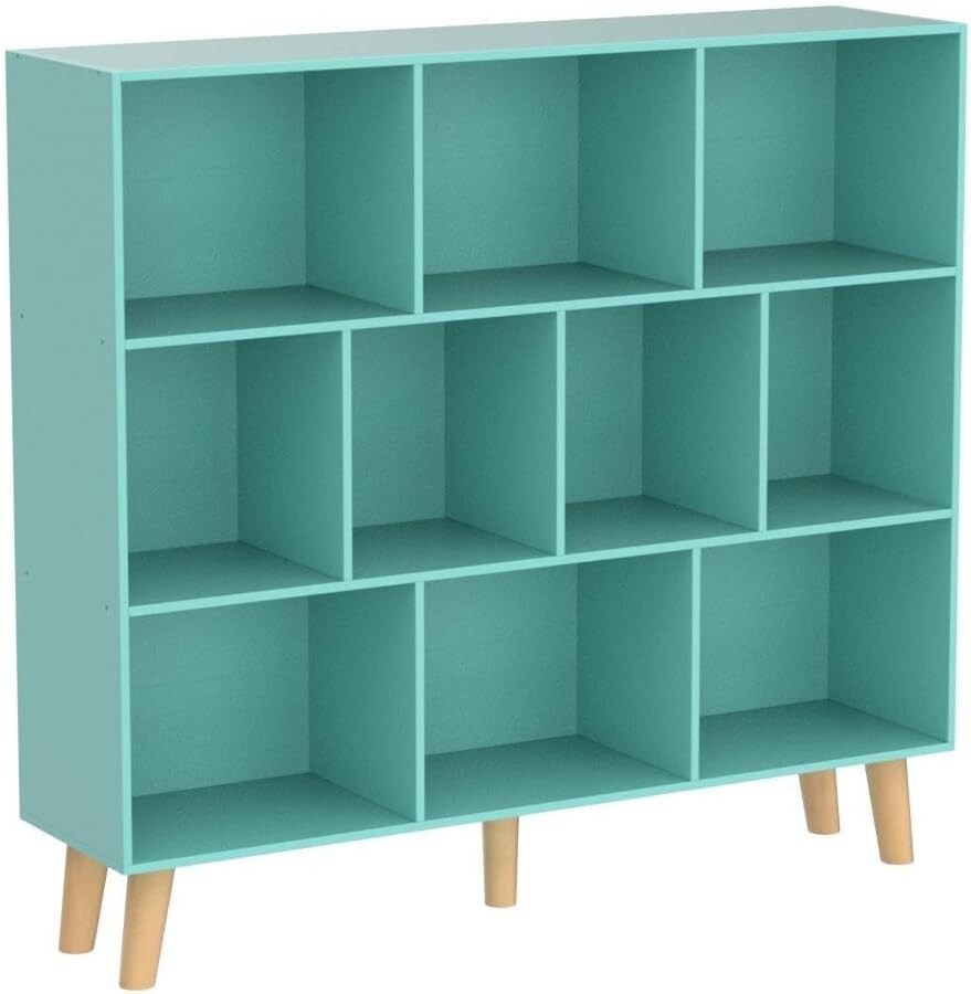 LEYAOYAO 10 Cube Bookshelf,3 Tier Modern Wide Bookcase with Legs,Mid-Century