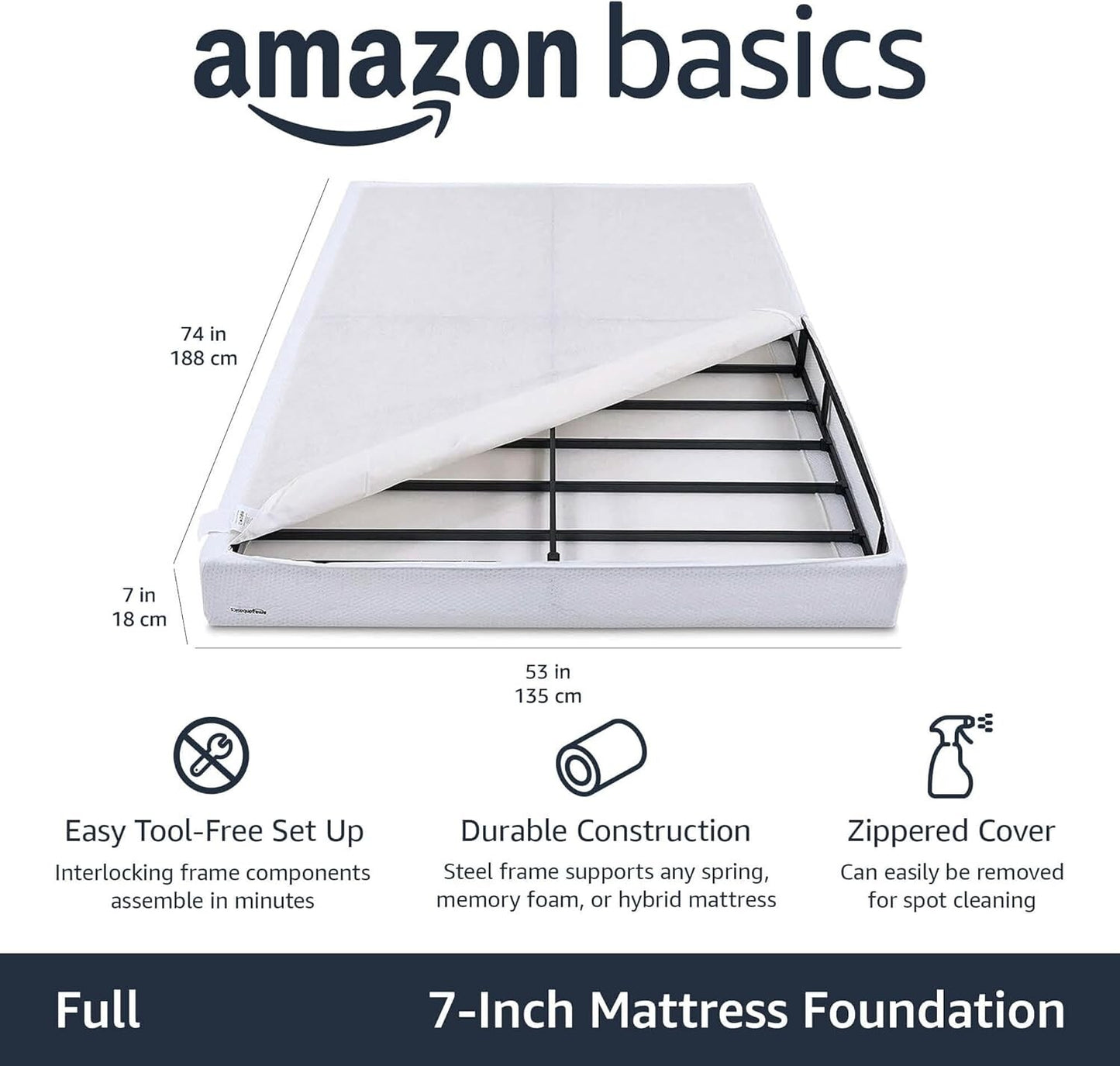Amazon Basics Smart Bed Frame Foundation, 7-Inch Mattress Foundation, Full Size