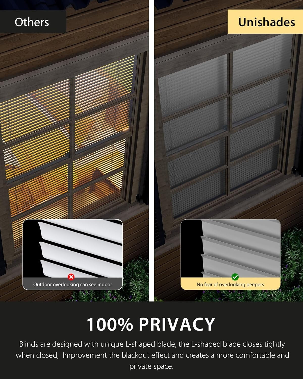 No Tools No Drill Cordless Mini Blinds, 100% Privacy L-Shaped Blades 1" 45x48”