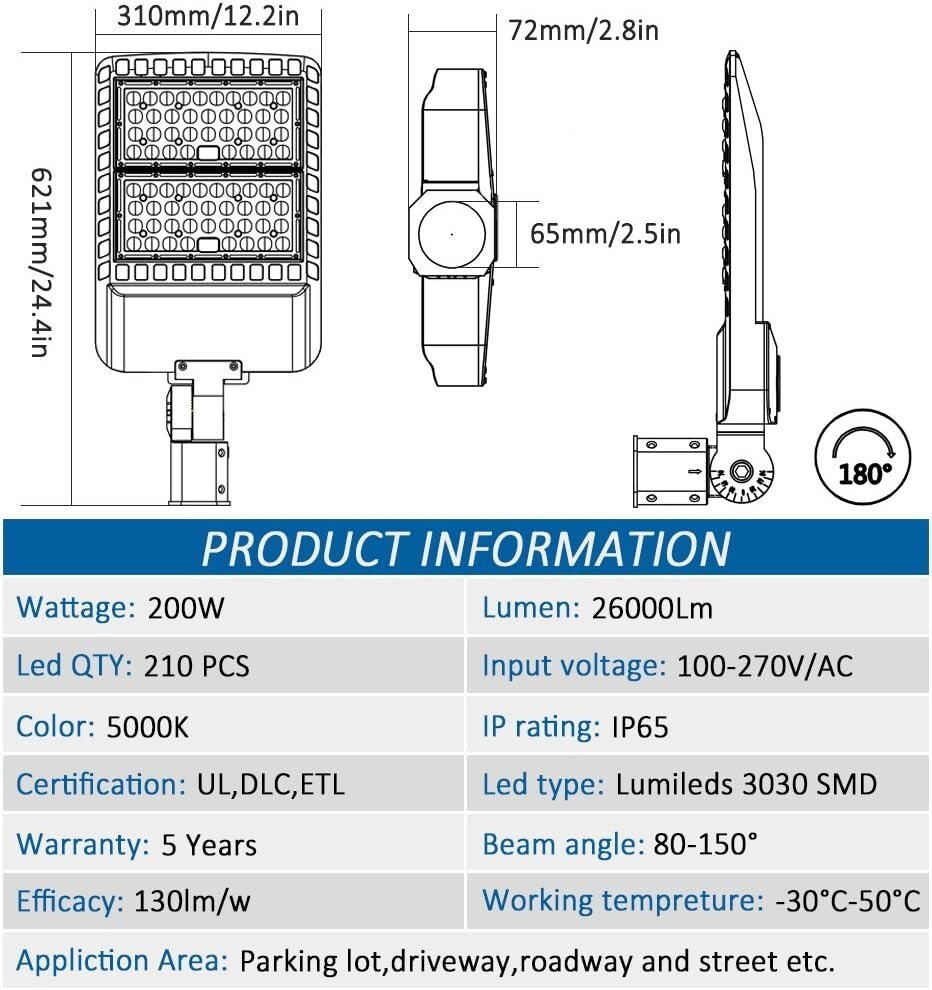LEDMO 200W LED Parking Lot Lights 5000K Street Shoebox Pole Lights Waterproof