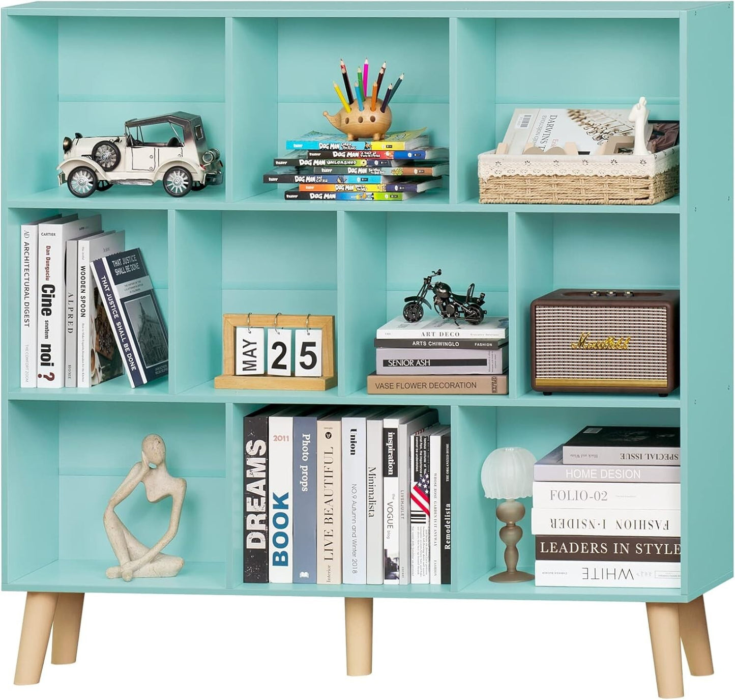 LEYAOYAO 10 Cube Bookshelf,3 Tier Modern Wide Bookcase with Legs,Mid-Century