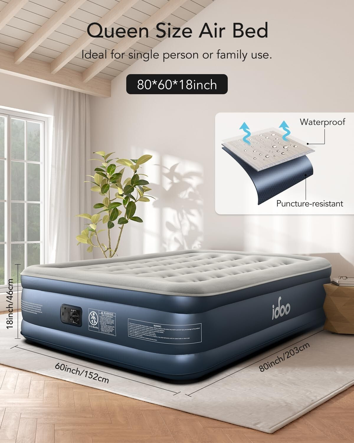 iDOO Air Mattress with Built-in Pump for Guests and Home Use, 18 Inch Height