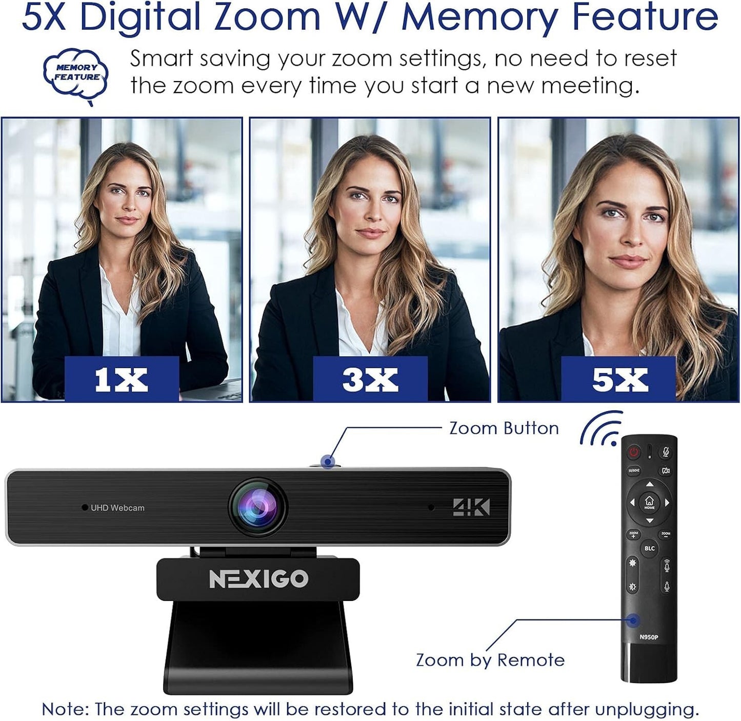 NexiGo Zoom Certified, N950P (Gen 2) 4K Zoomable Webcam, RF Remote, Sony_Starvis