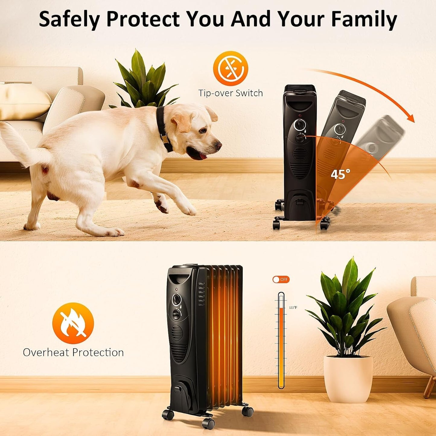 Oil Filled Radiator Heater, 1500W Portable Electric Space Heater, TipOver Switch