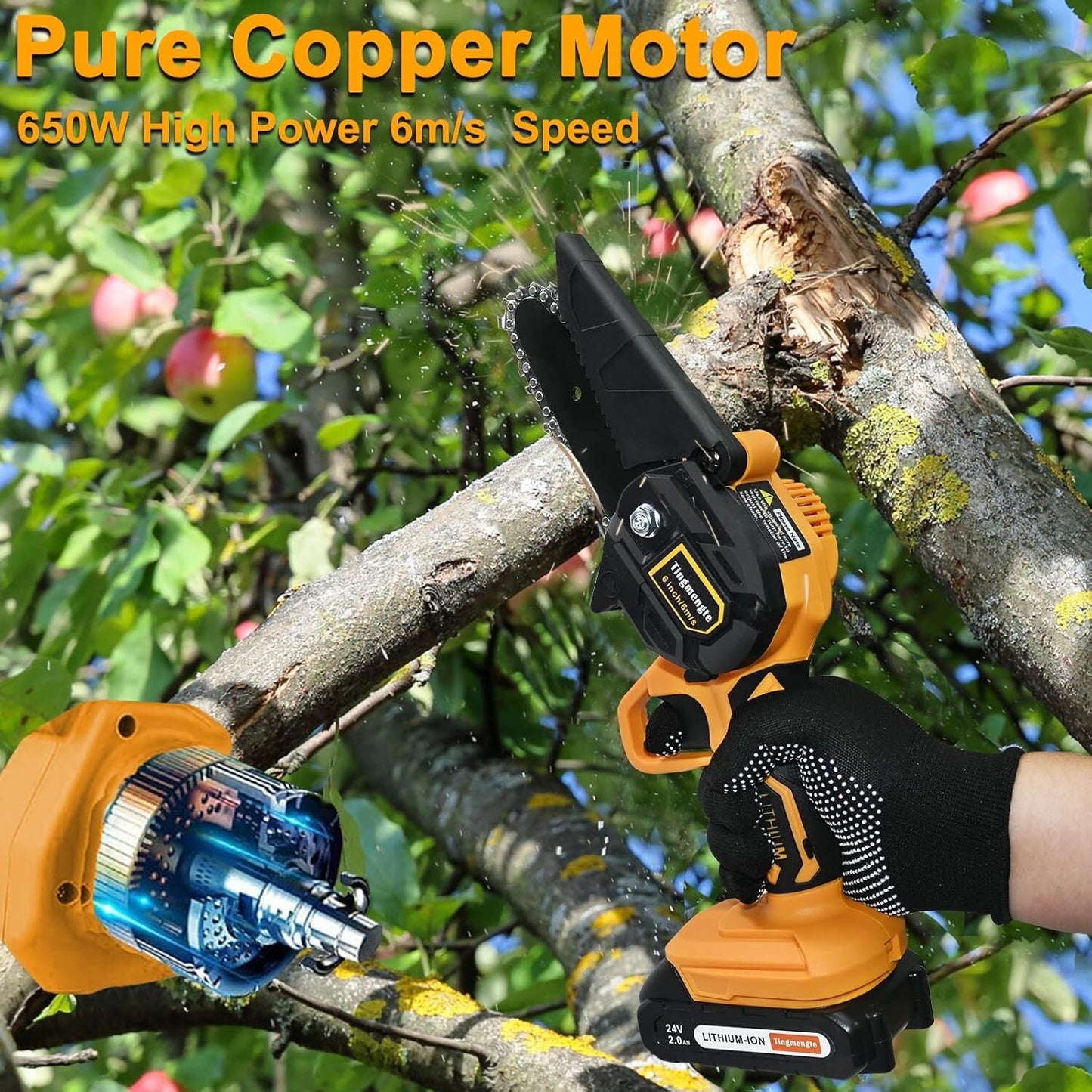 4 Inch Cordless Mini Chainsaw, Battery Operated with 24V 10000mAh Rechargeable