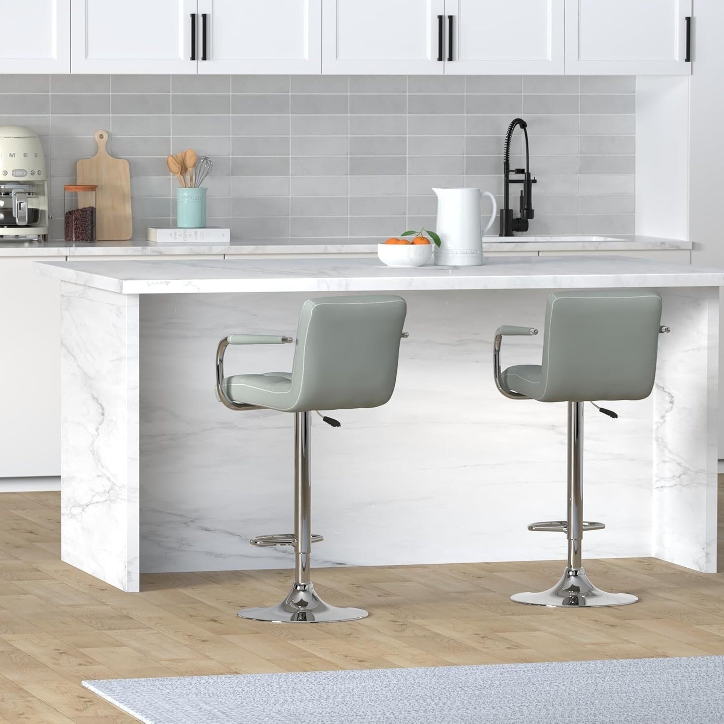 Leopard Adjustable Bar Stools with Armrest, Square Back Swivel Double Stitching