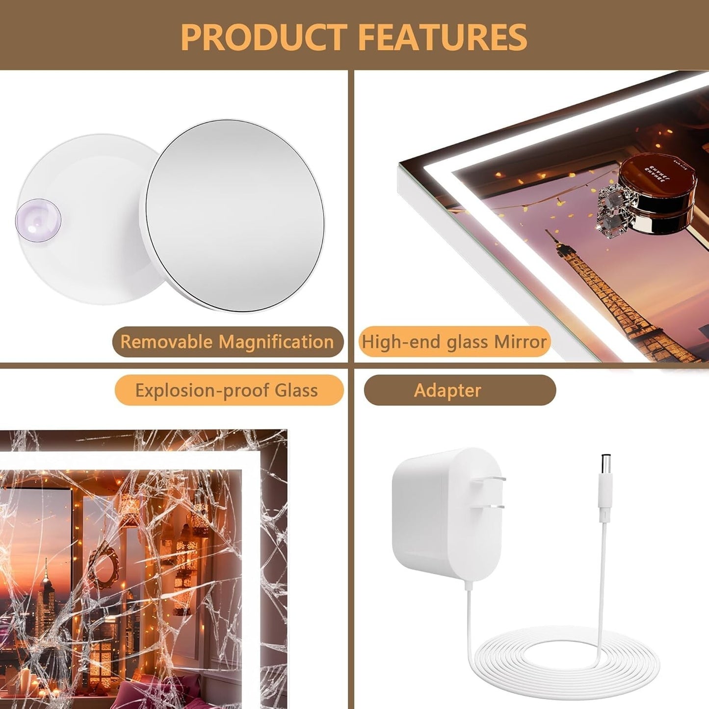 Hasipu Vanity Mirror with Lights, 40" x 30" LED Makeup Mirror, Lighted Makeup