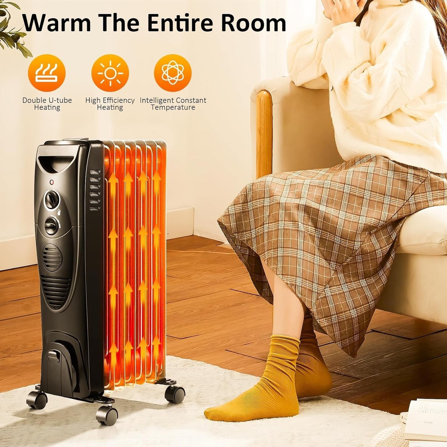 Oil Filled Radiator Heater, 1500W Portable Electric Space Heater, TipOver Switch