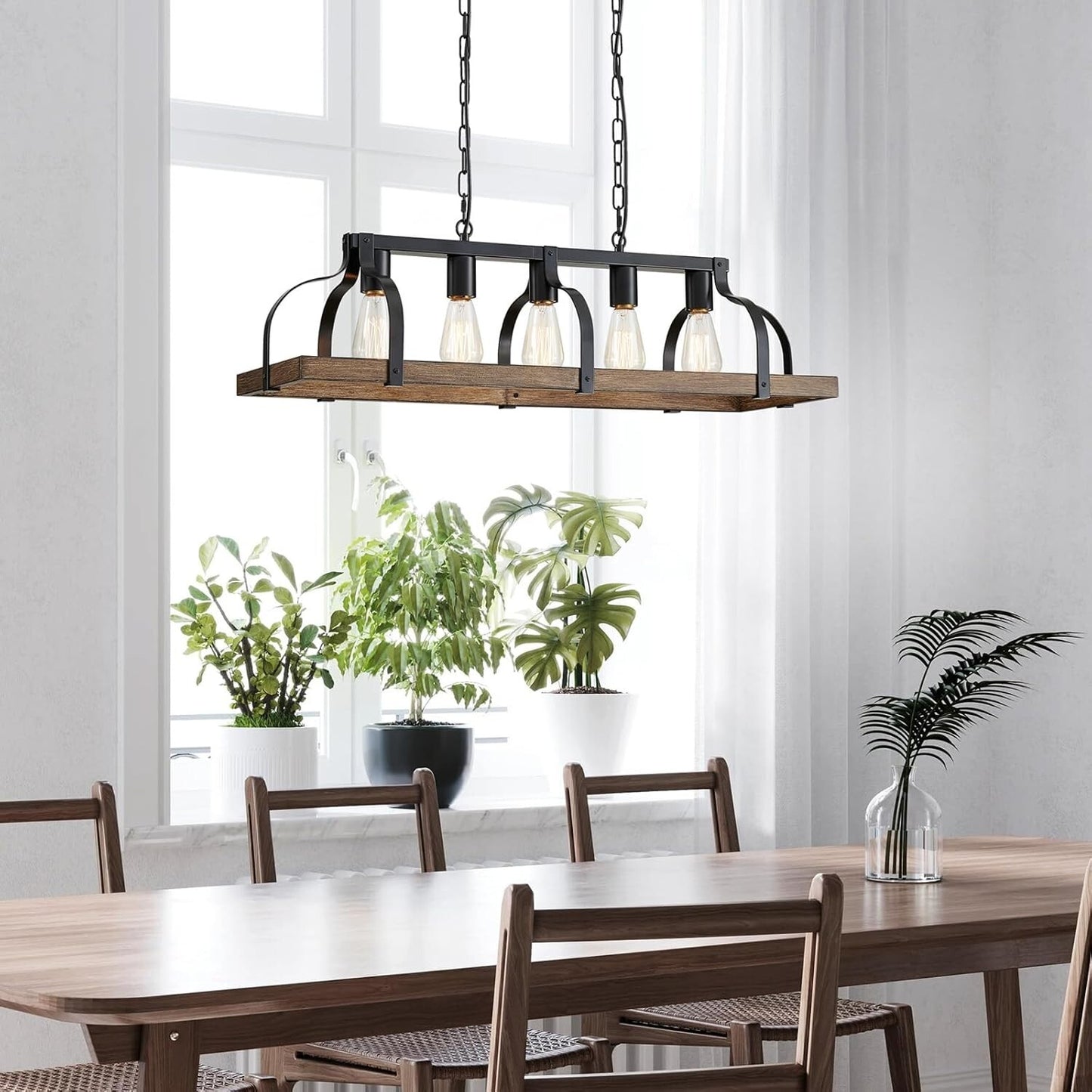WUZUPS 5-Light Metal Chandelier Imitation Wood Grain Linear Pendant Ceiling Ligh