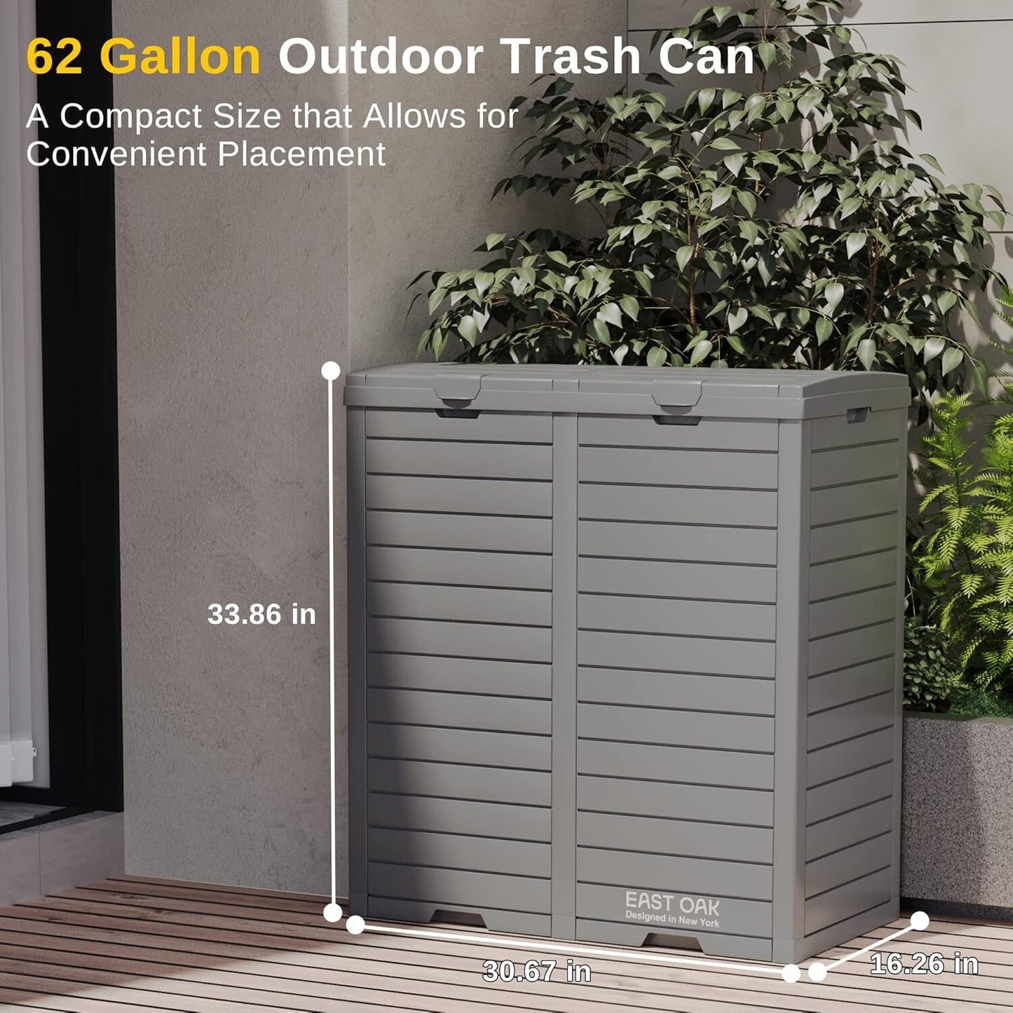 EAST OAK 62 Gallon Outdoor Trash Can, Waterproof Resin Garbage Can with Stepped