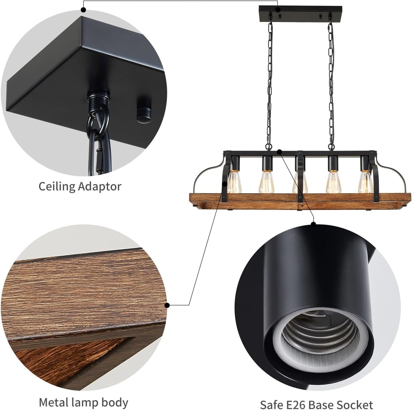 WUZUPS 5-Light Metal Chandelier Imitation Wood Grain Linear Pendant Ceiling Ligh