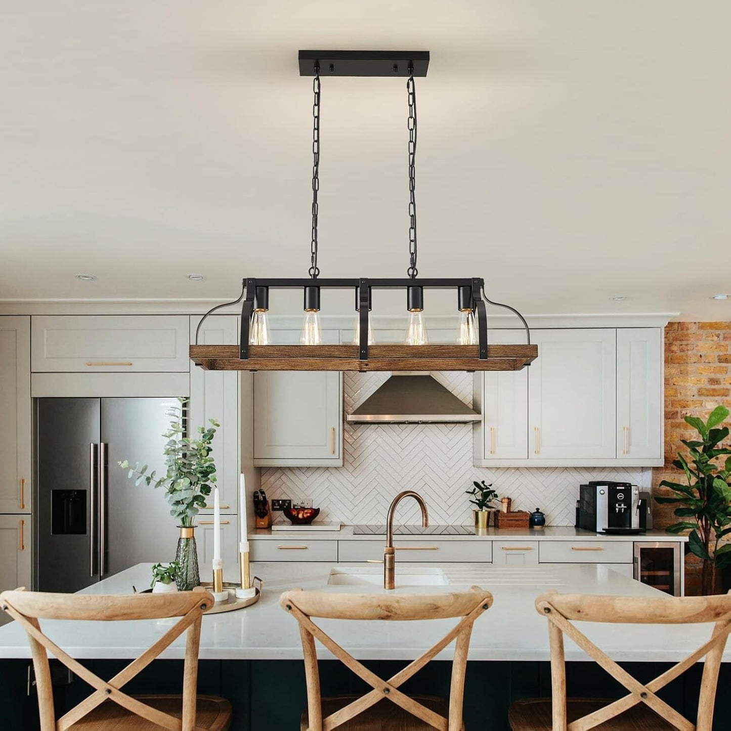 WUZUPS 5-Light Metal Chandelier Imitation Wood Grain Linear Pendant Ceiling Ligh