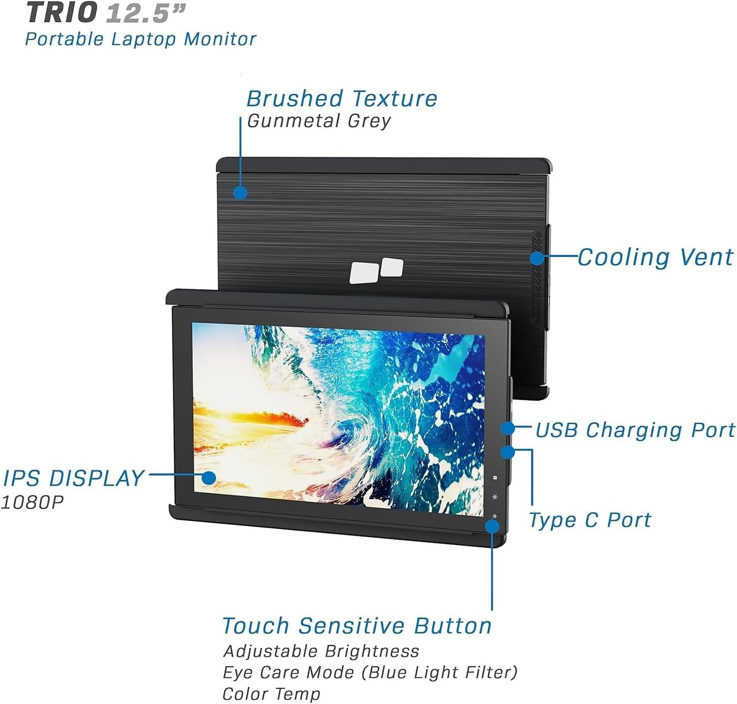 Mobile Pixels Trio Portable Monitor for Laptops, 12.5'' Full HD IPS Screens, USB