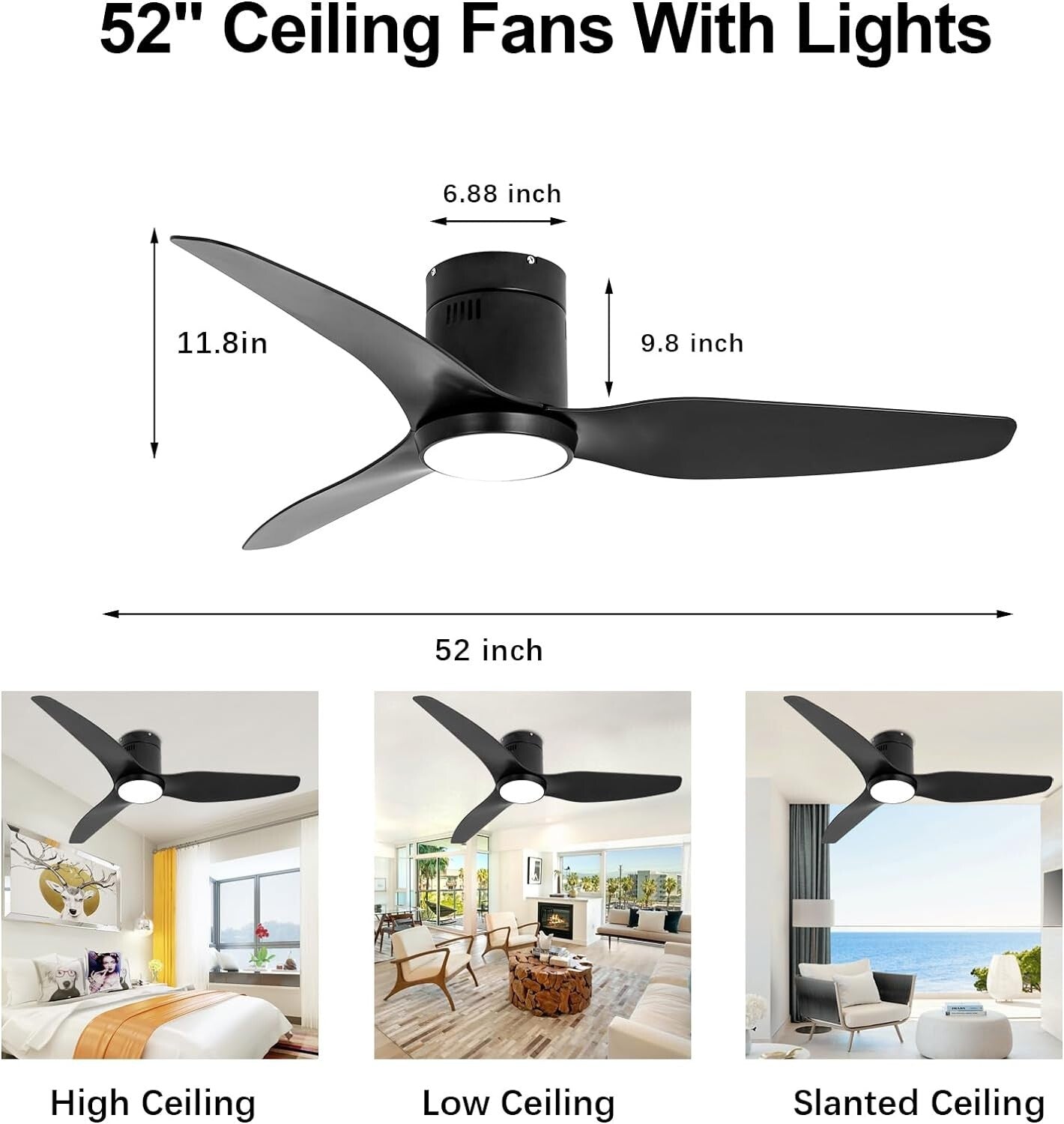 Black Ceiling Fan with Light Remote 52in 6Speed Silent Reversible Motor 3CCT