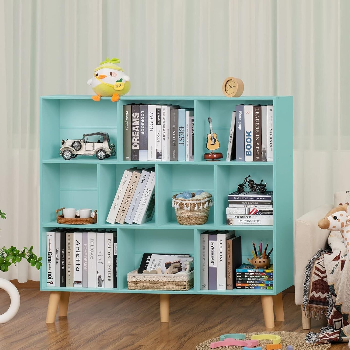 LEYAOYAO 10 Cube Bookshelf,3 Tier Modern Wide Bookcase with Legs,Mid-Century