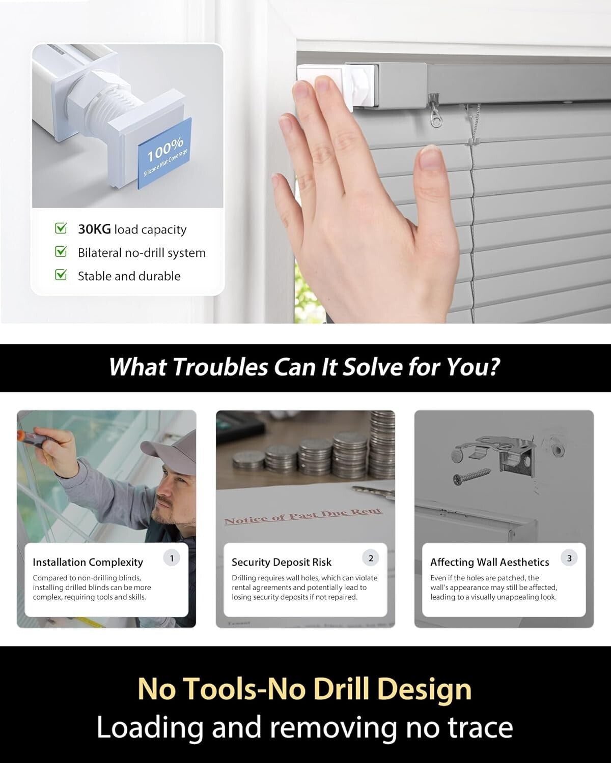 No Tools No Drill Cordless Mini Blinds, 100% Privacy L-Shaped Blades 1" 45x48”