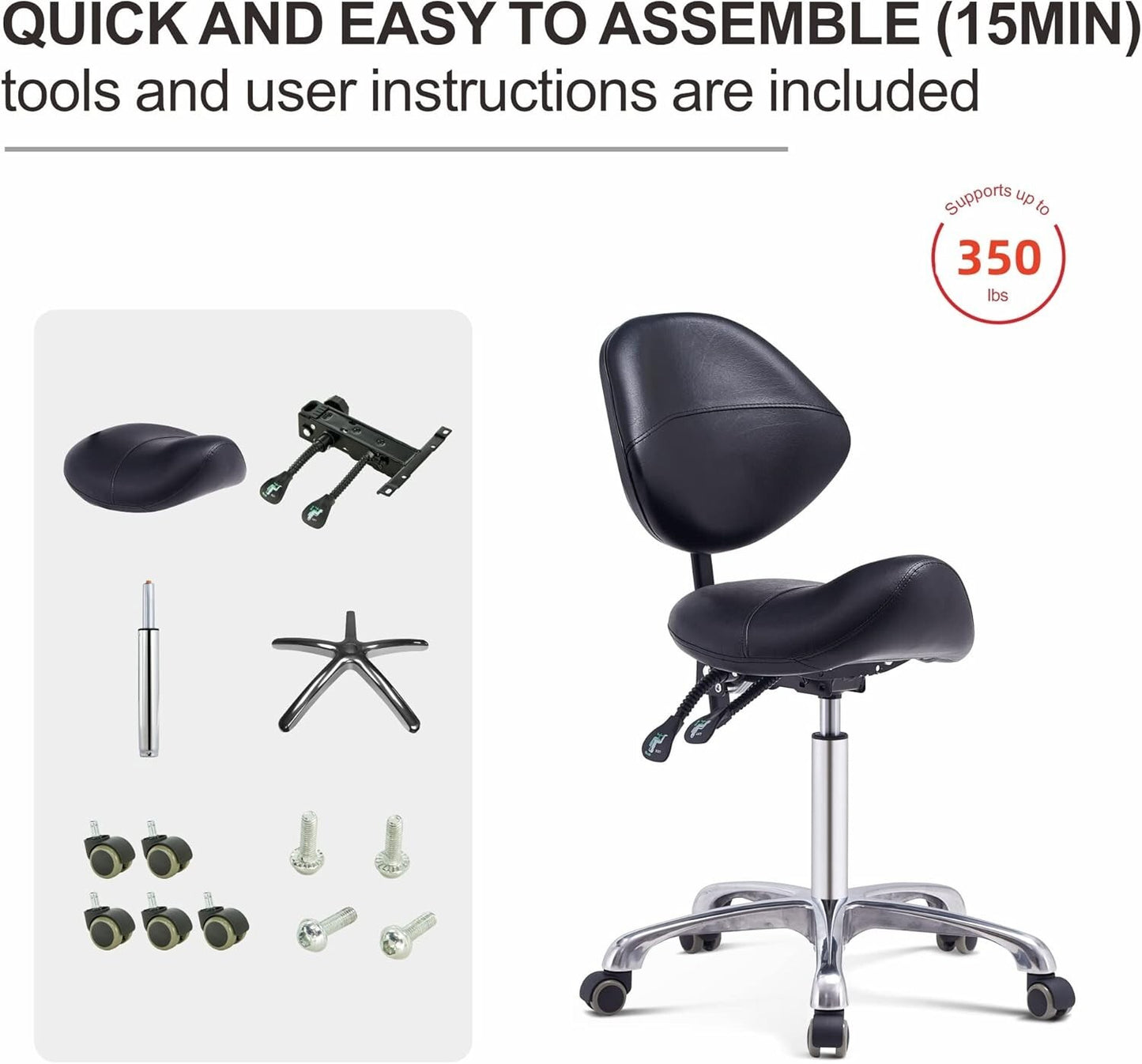 Grace&Grace Professional Saddle Stool Chair with Back Support, Rolling Saddle
