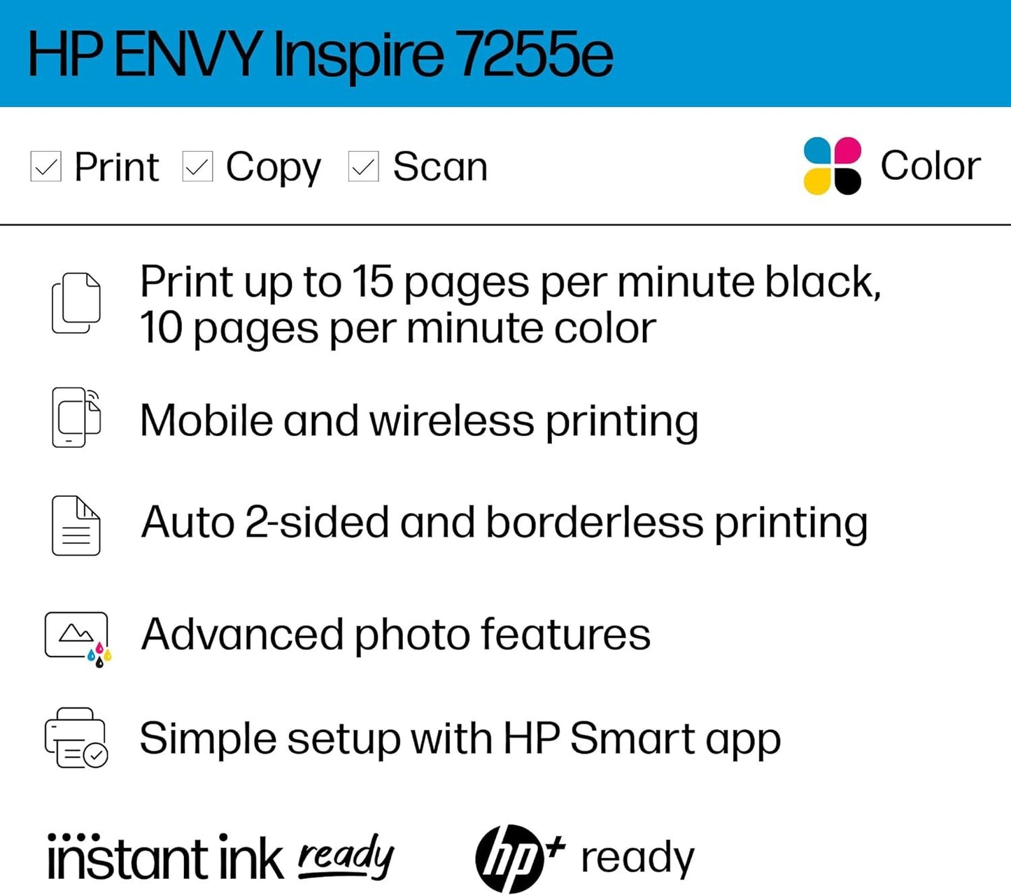HP ENVY Inspire 7255e Wireless Color Thermal Inkjet Printer, Print, scan, copy