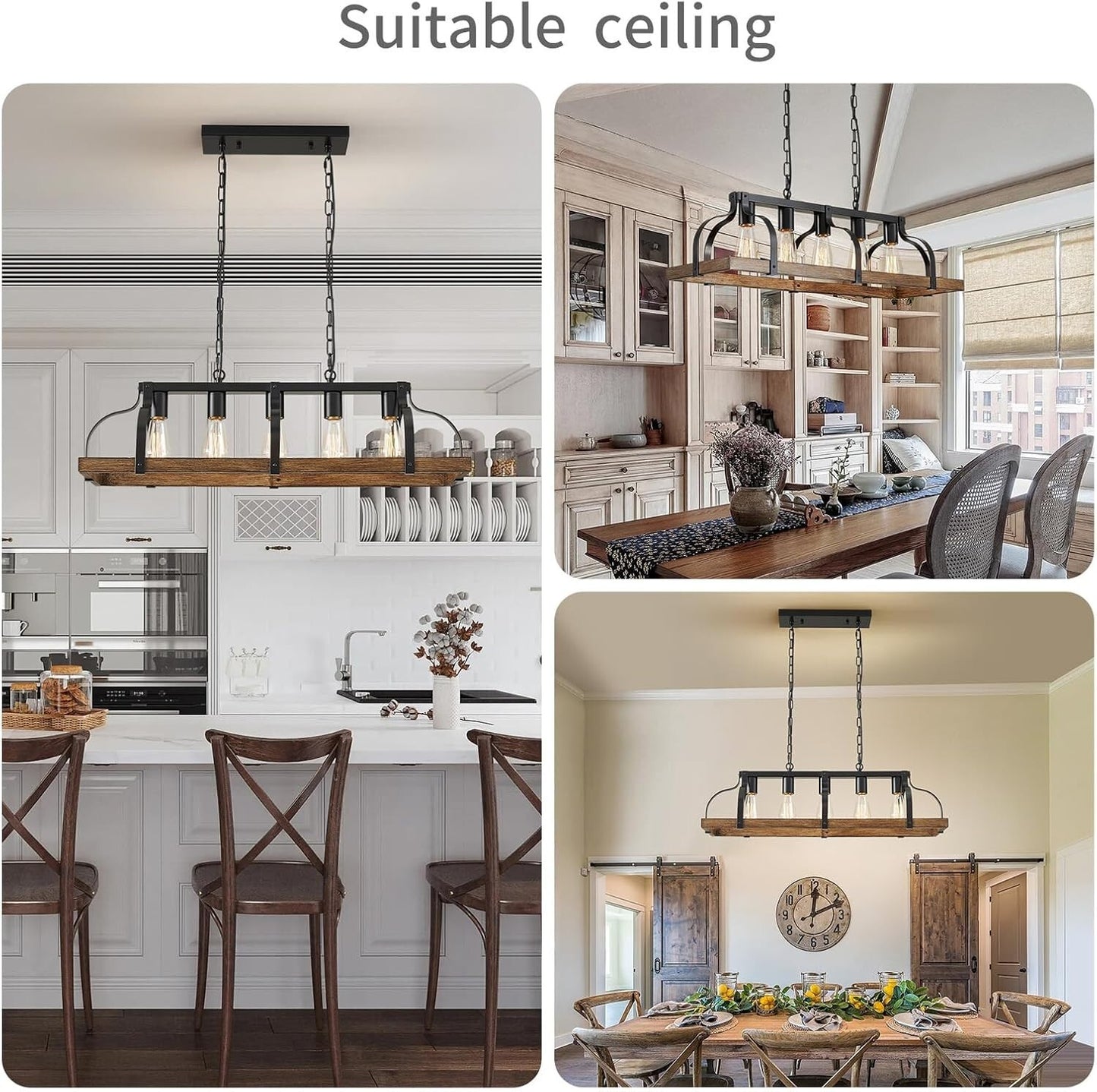 WUZUPS 5-Light Metal Chandelier Imitation Wood Grain Linear Pendant Ceiling Ligh