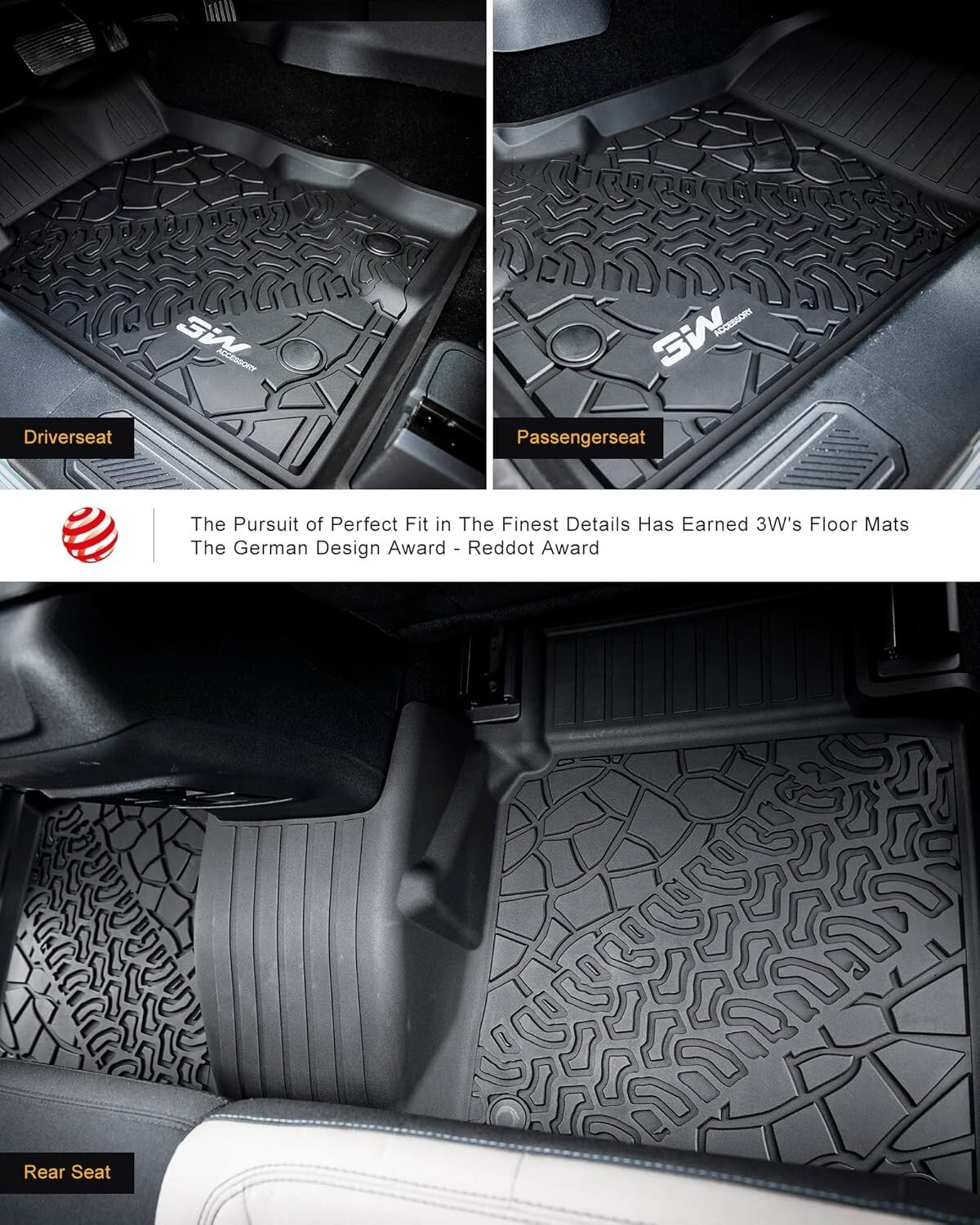 3W Floor Mats Combo for Ford Bronco 21-24 4D, Cargo Liner and Rear Seat Cover