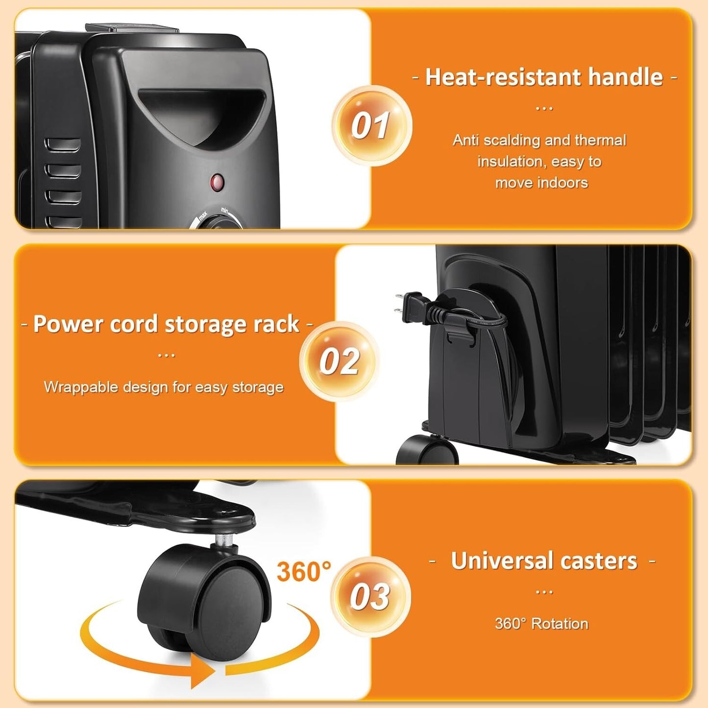 Oil Filled Radiator Heater, 1500W Portable Electric Space Heater, TipOver Switch