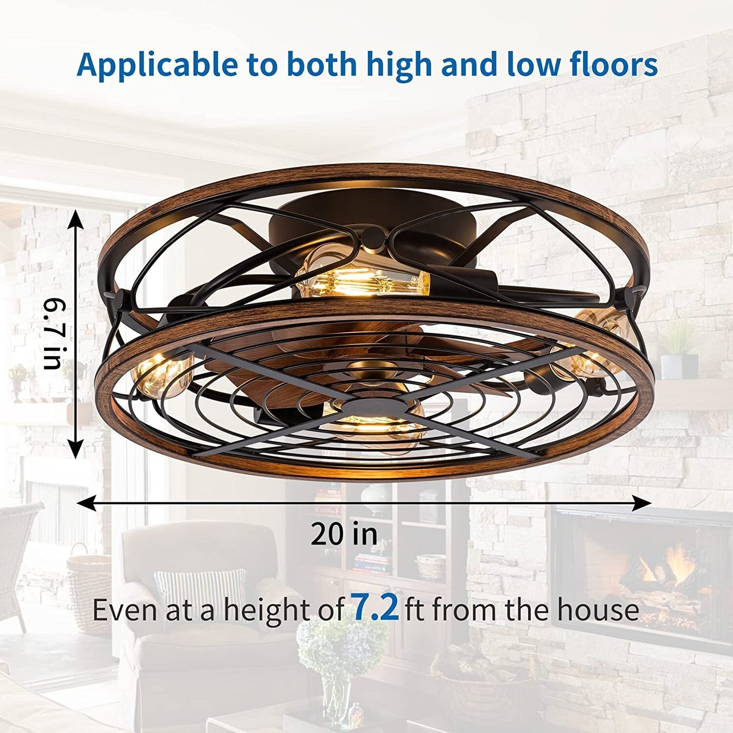 Caged Ceiling Fan w/ Light, 20" Bladeless Remote Control, 3 Speed, 5 E26 Bulb
