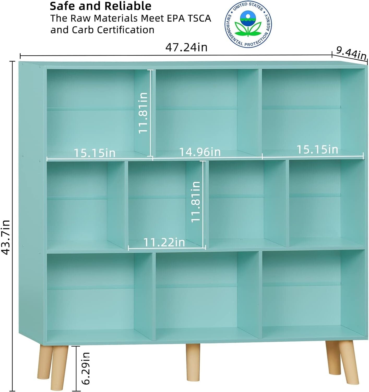 LEYAOYAO 10 Cube Bookshelf,3 Tier Modern Wide Bookcase with Legs,Mid-Century