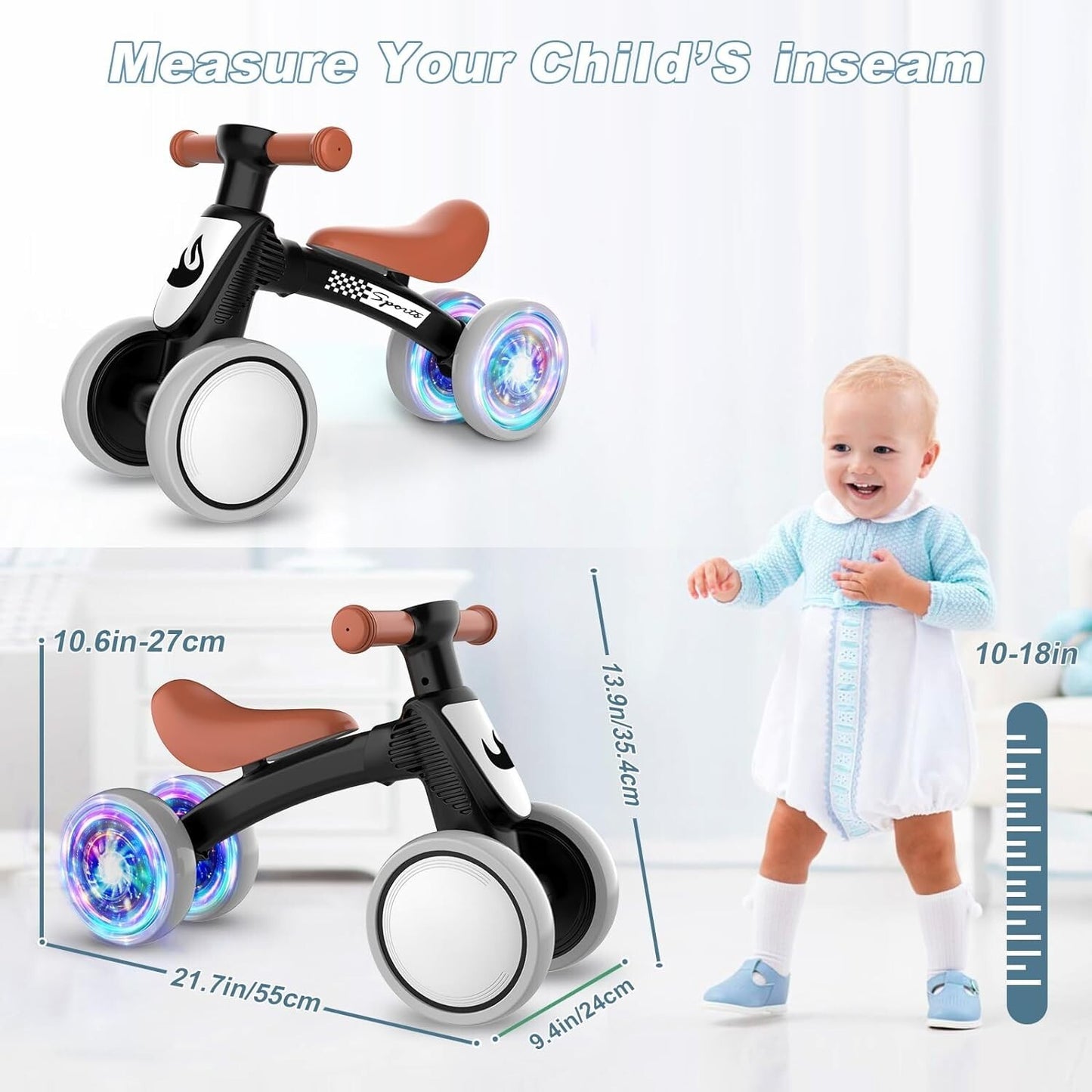Colorful Lighting Baby Balance Bike Toys for 1 Year Old Boy Gifts, 10-36 Month