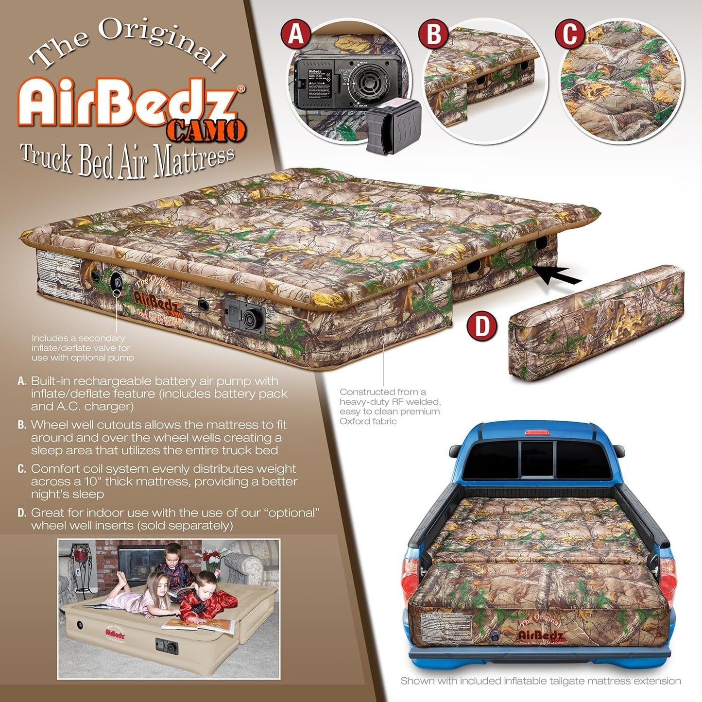 Pittman Outdoors PPI-405 AirBedz CAMO Truck Bed Air Mattress | Mid Size-Short Be