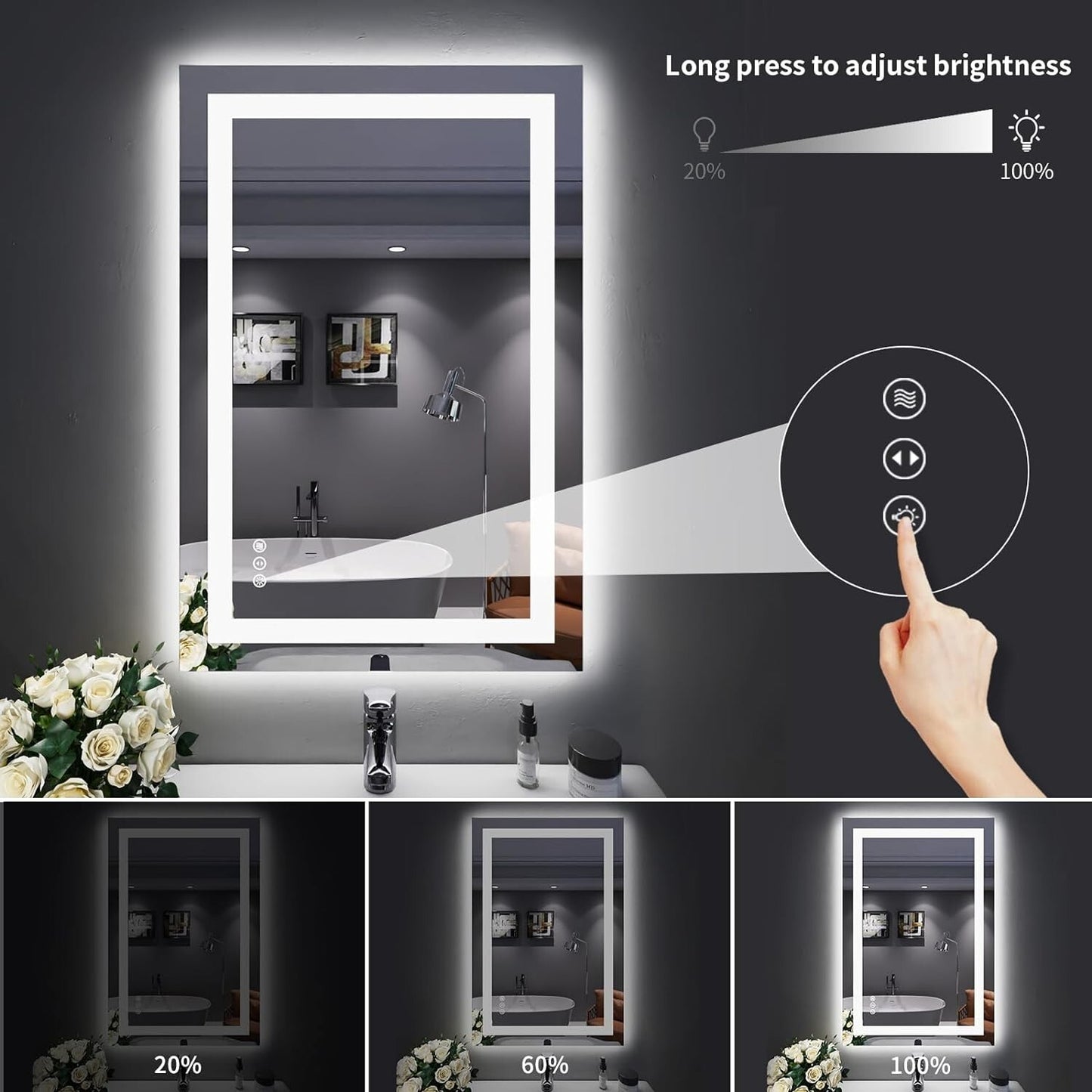 LOAAO 24x36 Inch LED Bathroom Mirror with Lights, Anti-Fog, Dimmable, Backlit