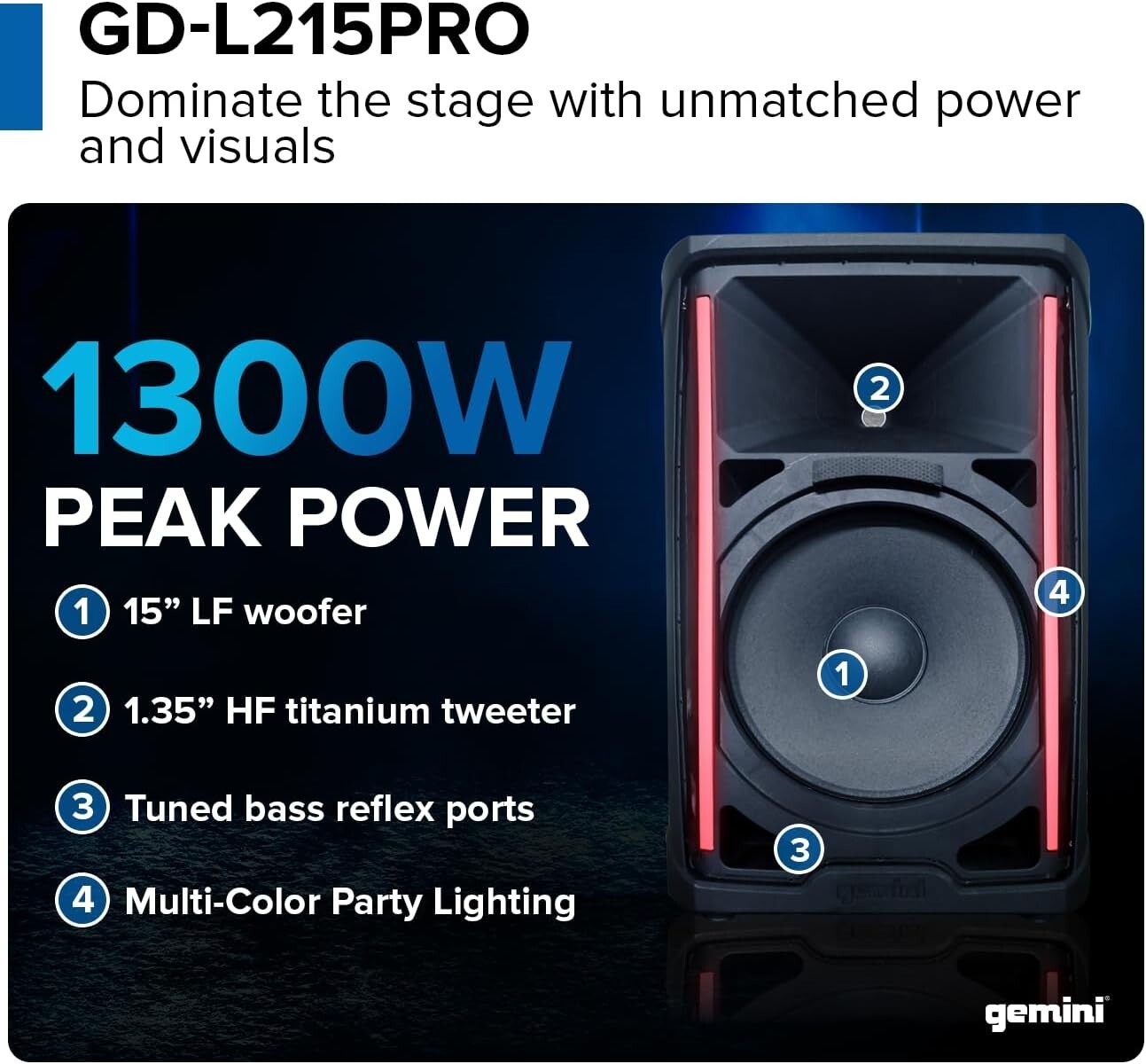 Gemini GD-L215PRO: 1300W Bluetooth DJ PA Speaker with LED Party Lights (TESTED)