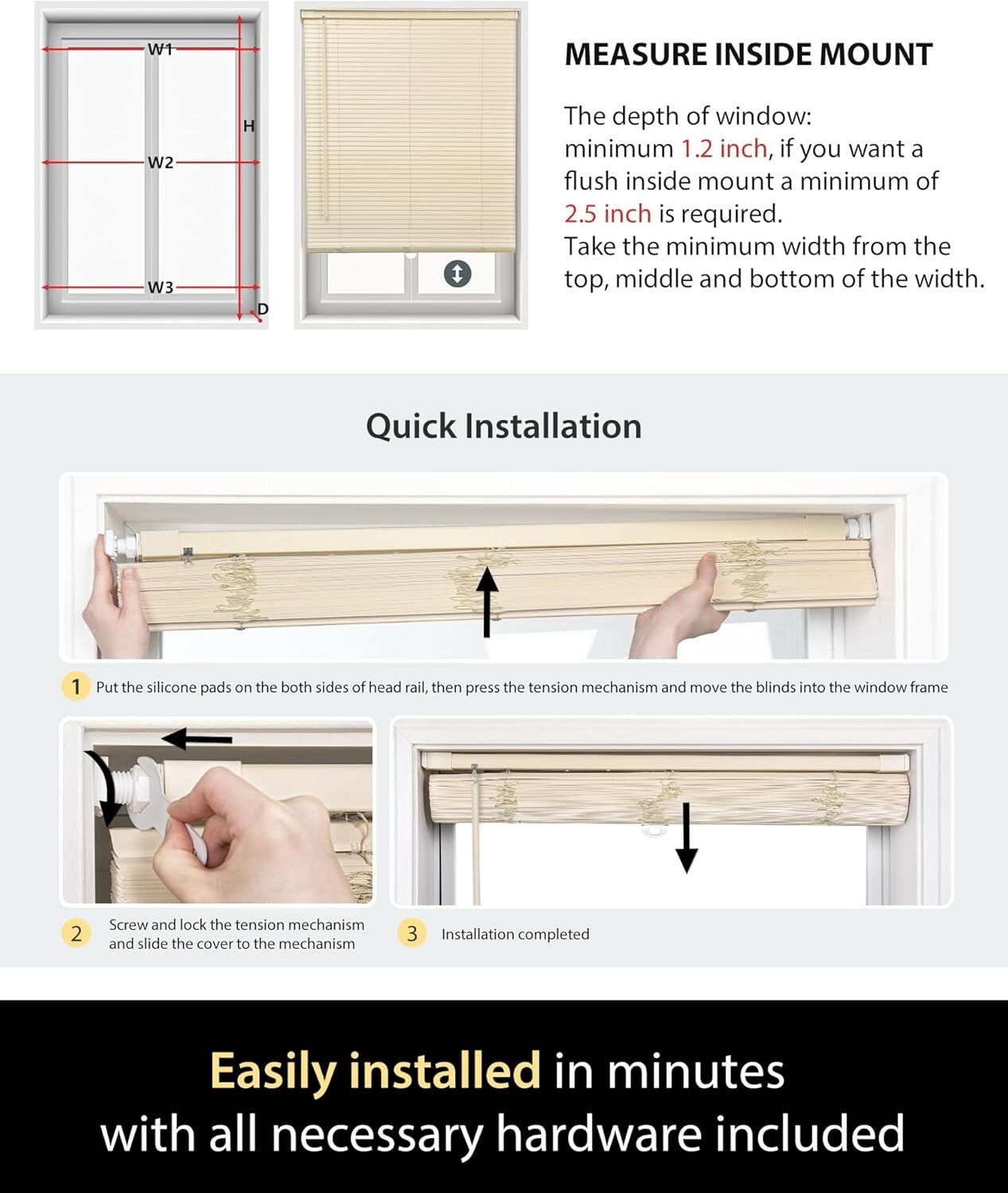 No Tools No Drill Cordless Mini Blinds, 100% Privacy L-Shaped Blades 1" 45x48”