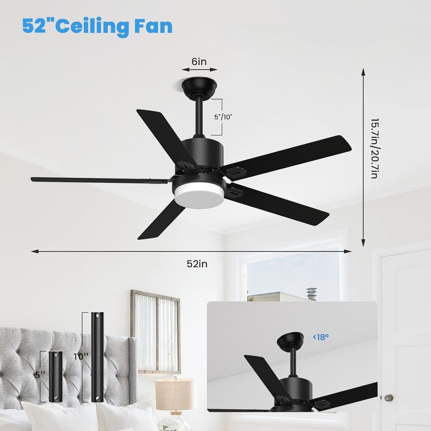 Black Ceiling Fans with Lights - Outdoor Ceiling Fan with Remote/APP Control, 52