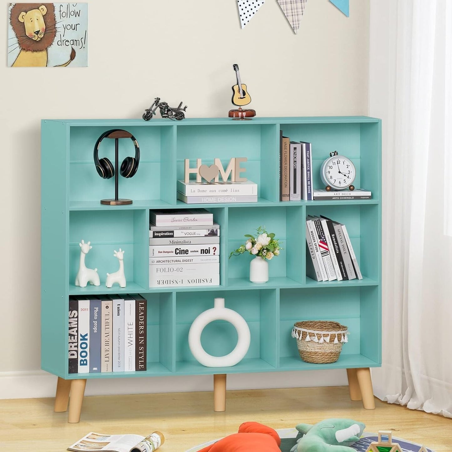 LEYAOYAO 10 Cube Bookshelf,3 Tier Modern Wide Bookcase with Legs,Mid-Century
