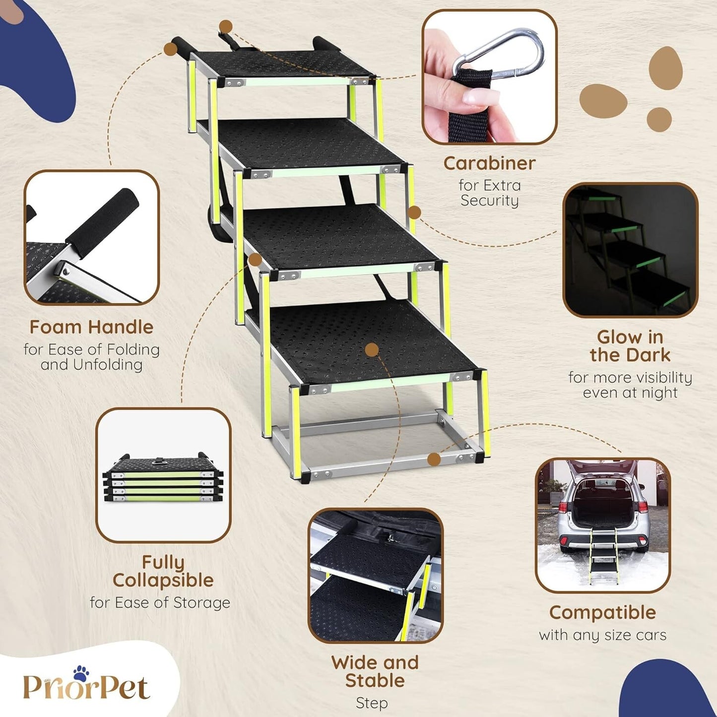 Dog Stairs for Large Dogs PRIORPET - Glow in The Dark Marking - Foldable Dog ram