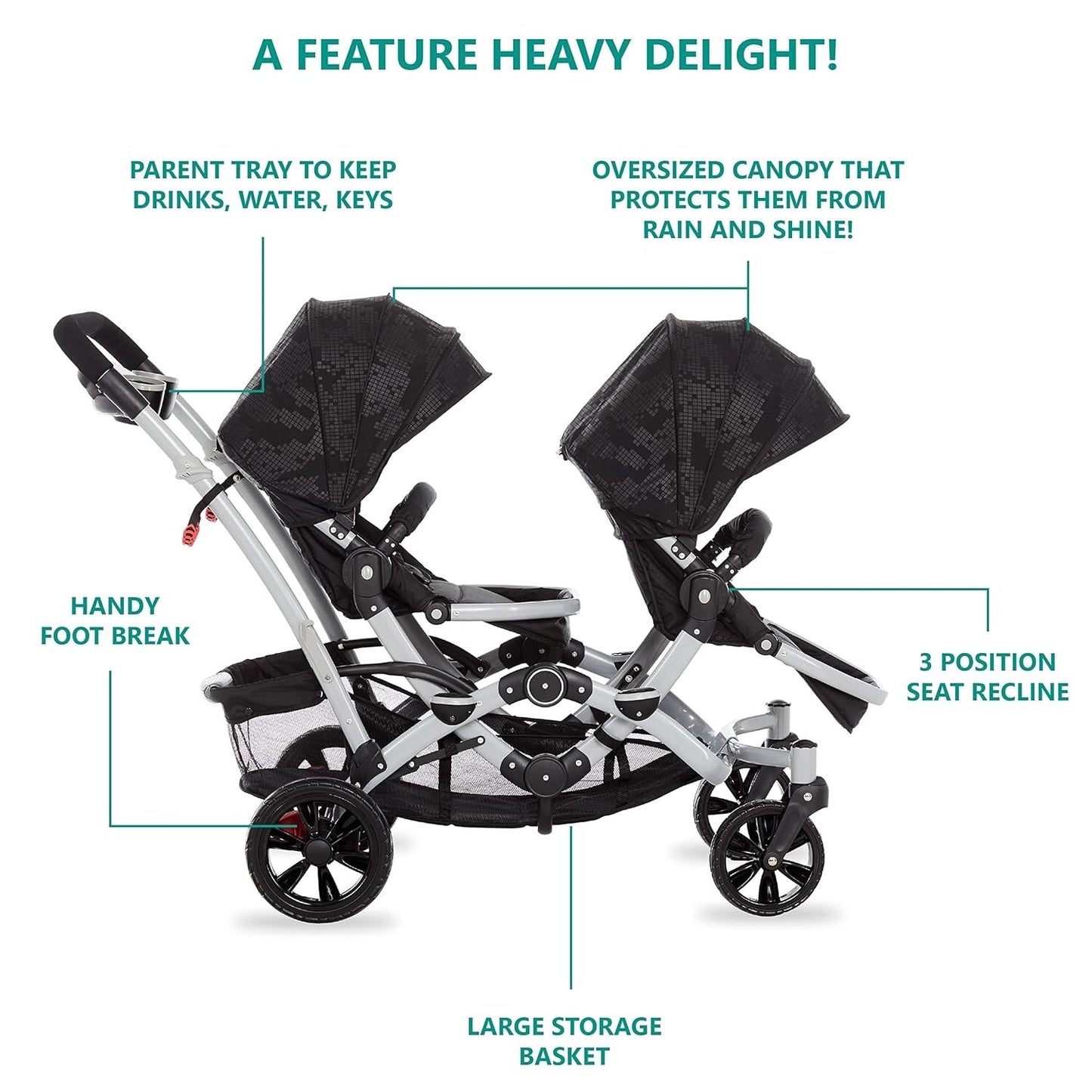 Dream On Me Track Tandem - Double Umbrella Stroller in Black, Lightweight Twin S