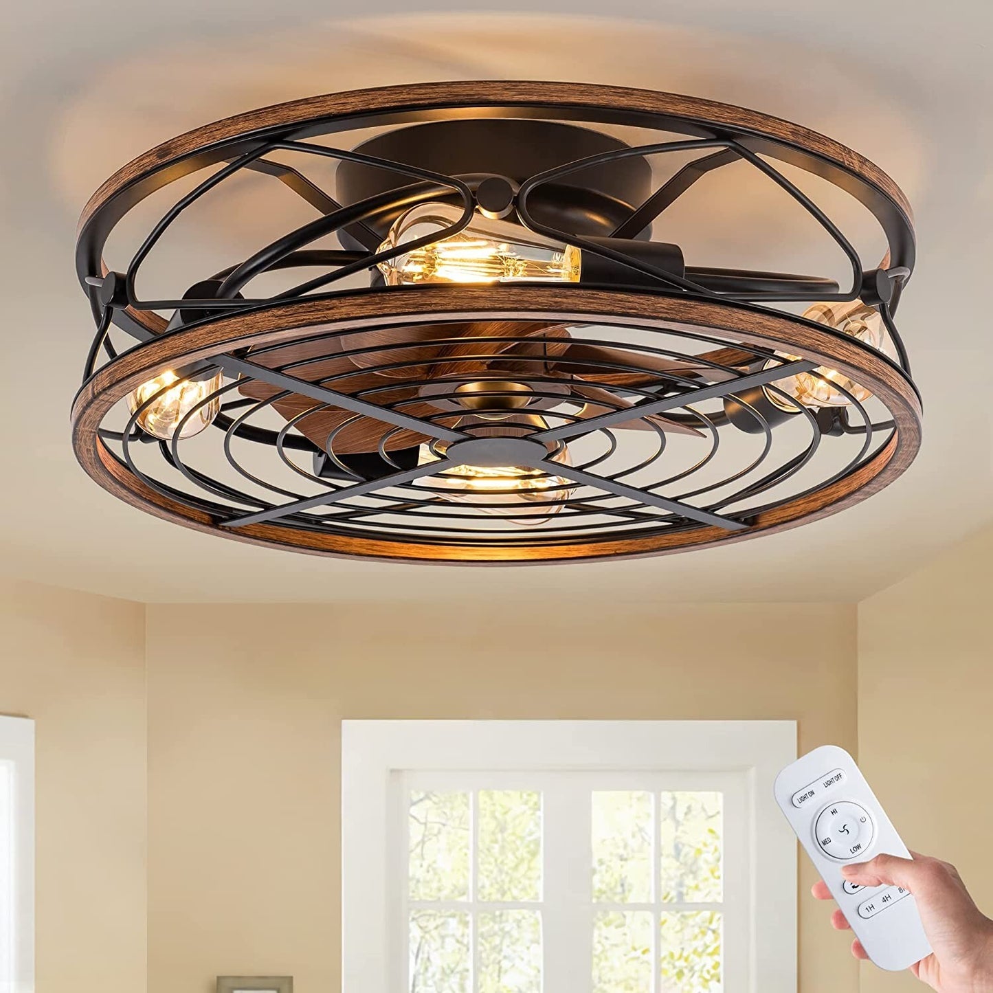 Caged Ceiling Fan w/ Light, 20" Bladeless Remote Control, 3 Speed, 5 E26 Bulb