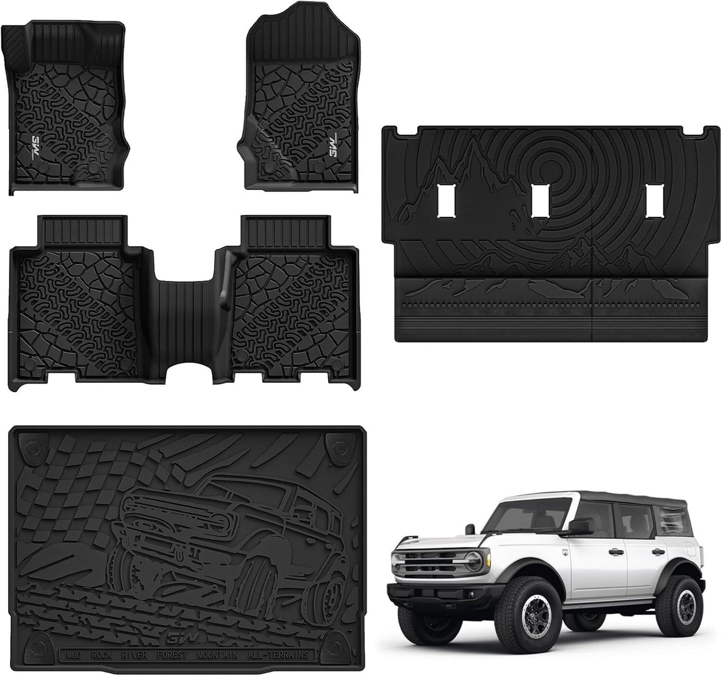 3W Floor Mats Combo for Ford Bronco 21-24 4D, Cargo Liner and Rear Seat Cover