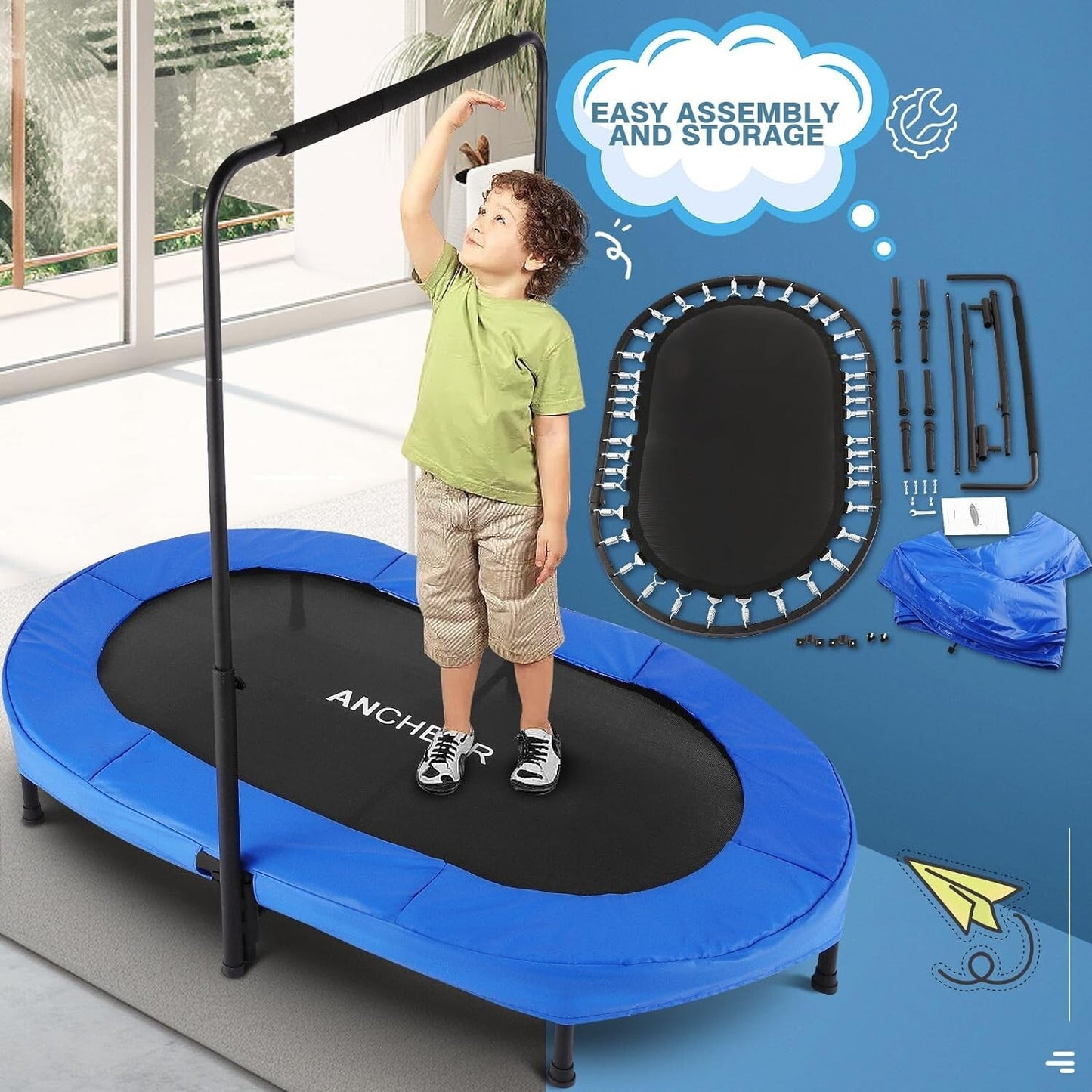 ANCHEER Indoor Trampoline for Kids, 56 Inch Foldable Mini Trampoline with 5-Leve