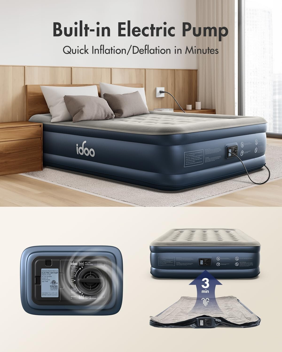 iDOO Air Mattress with Built-in Pump for Guests and Home Use, 18 Inch Height