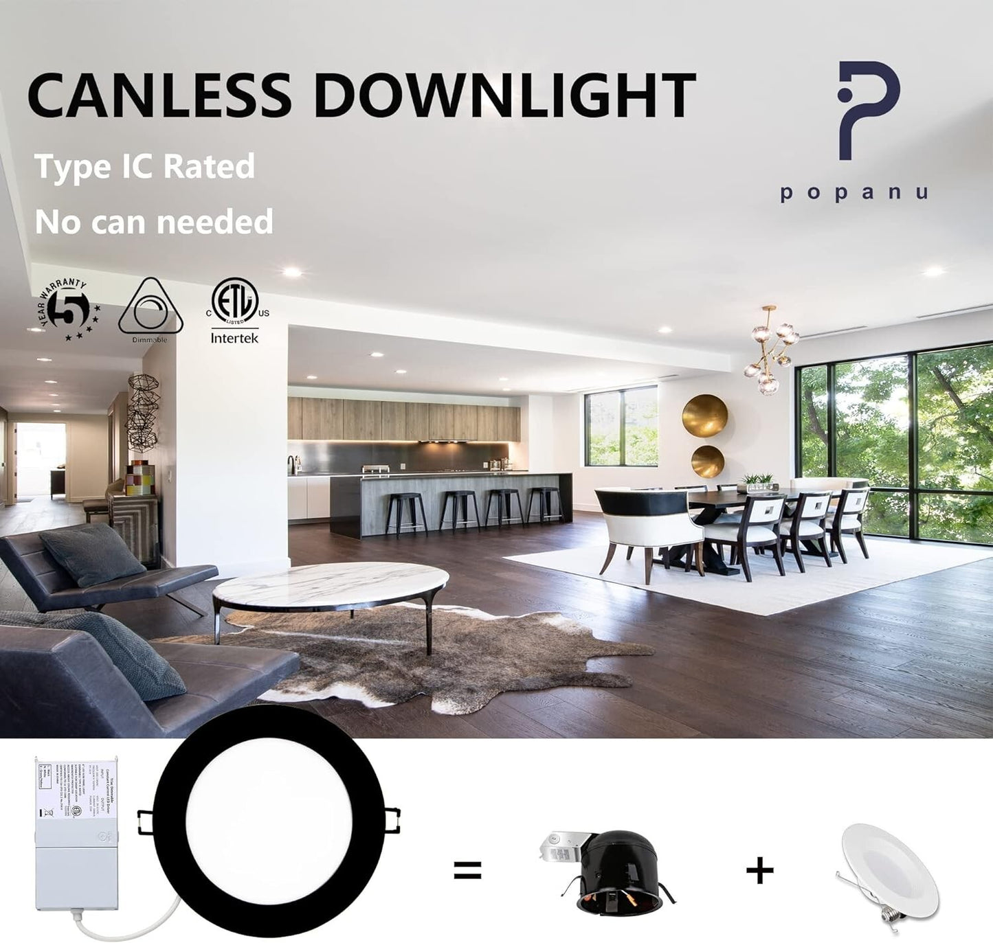 POPANU LED-Canless Downlight Recessed Lighting 6-inch Ultra-Thin 5 CCT 6 Pack