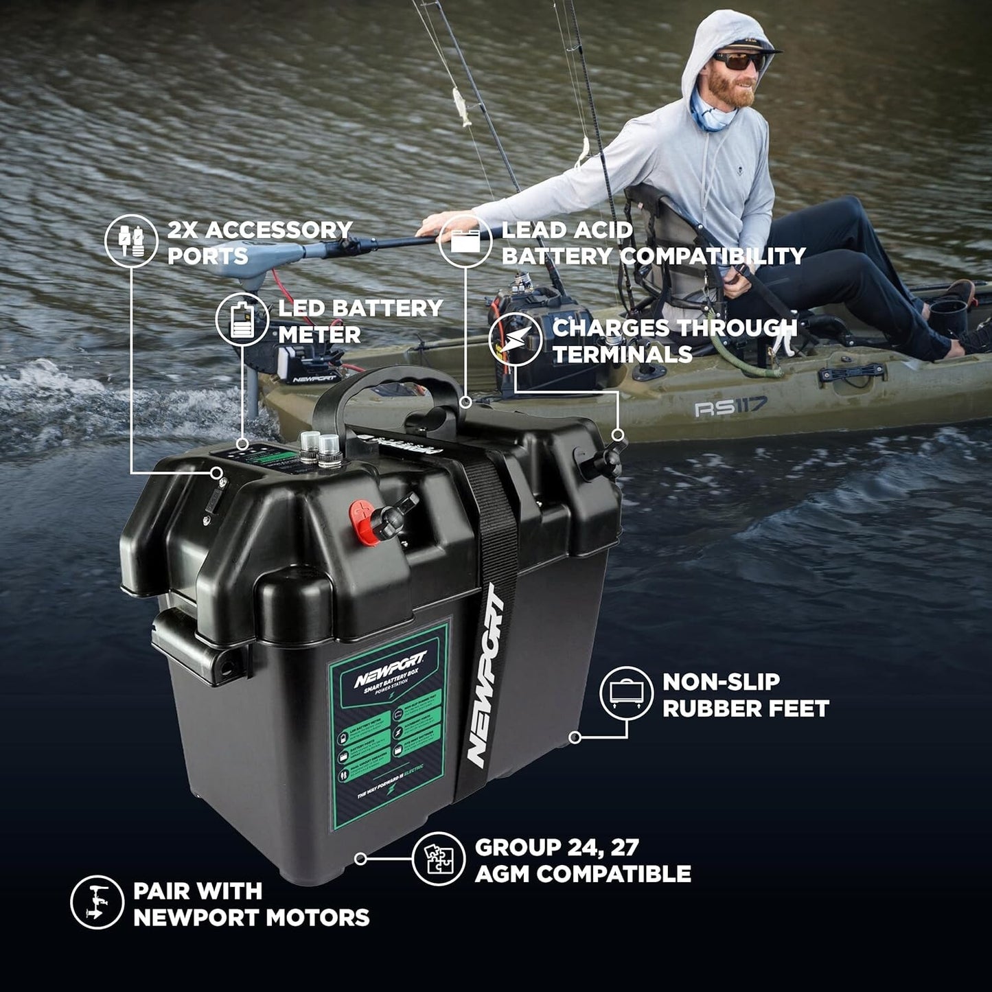 Newport Trolling Motor Smart Battery Box Power Center with USB and DC Ports