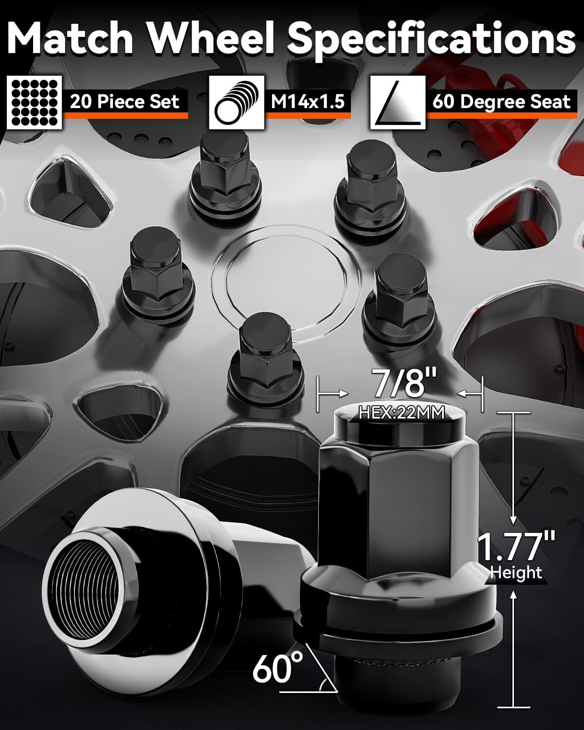 YIZBAP 20PCS 14x1.5" Black Lug Nuts M14x1.5 OEM Factory Mag Washer Style Hex Lug