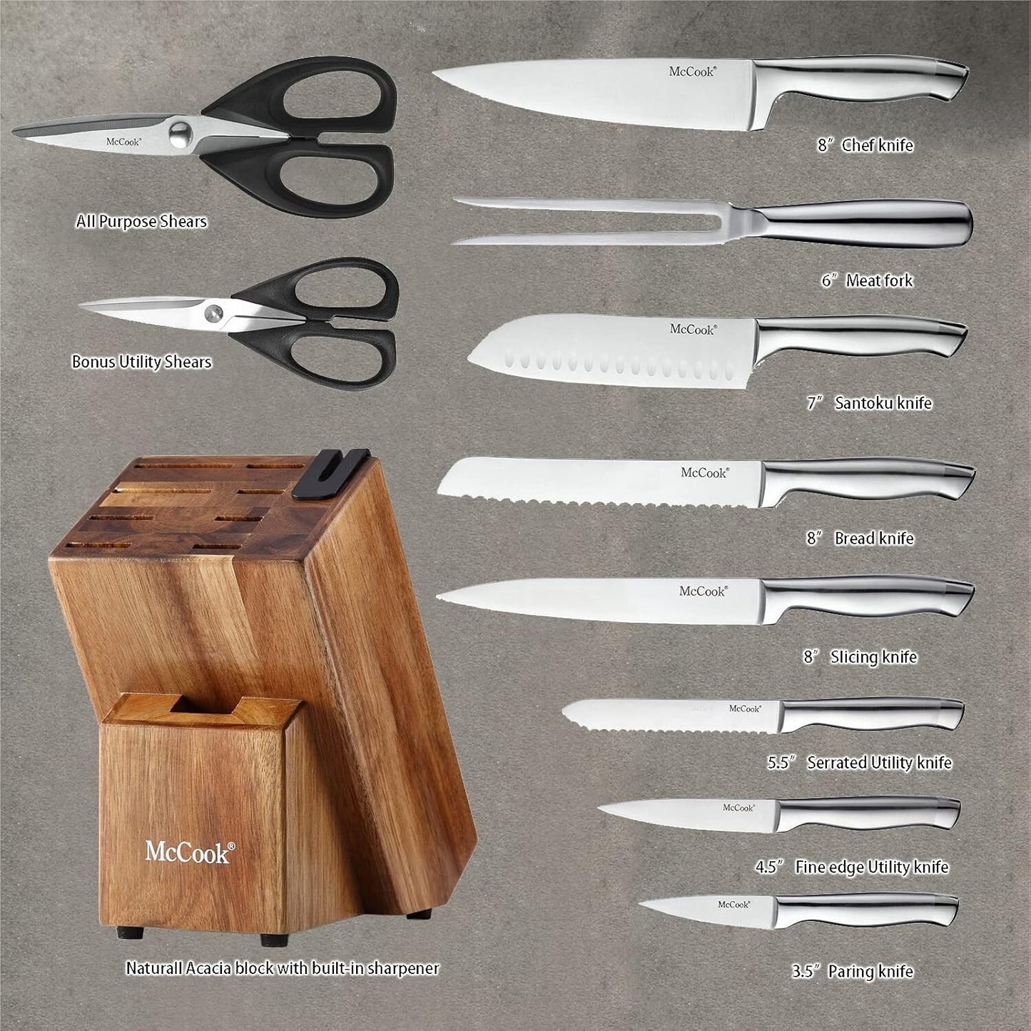 McCook® Knife Sets with Built-in Sharpener,German Stainless Steel Hollow Handle
