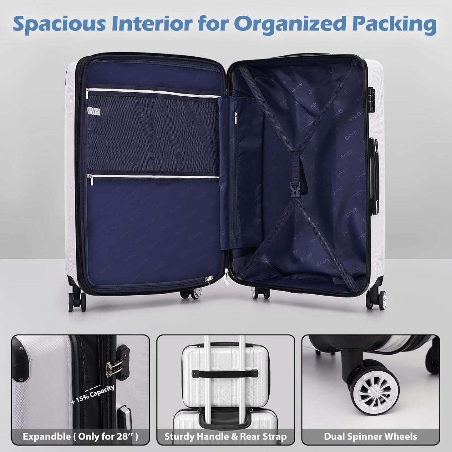 Coolife Luggage Expandable 5 Piece Sets PC+ABS Spinner Suitcase 20 inch 24 inch
